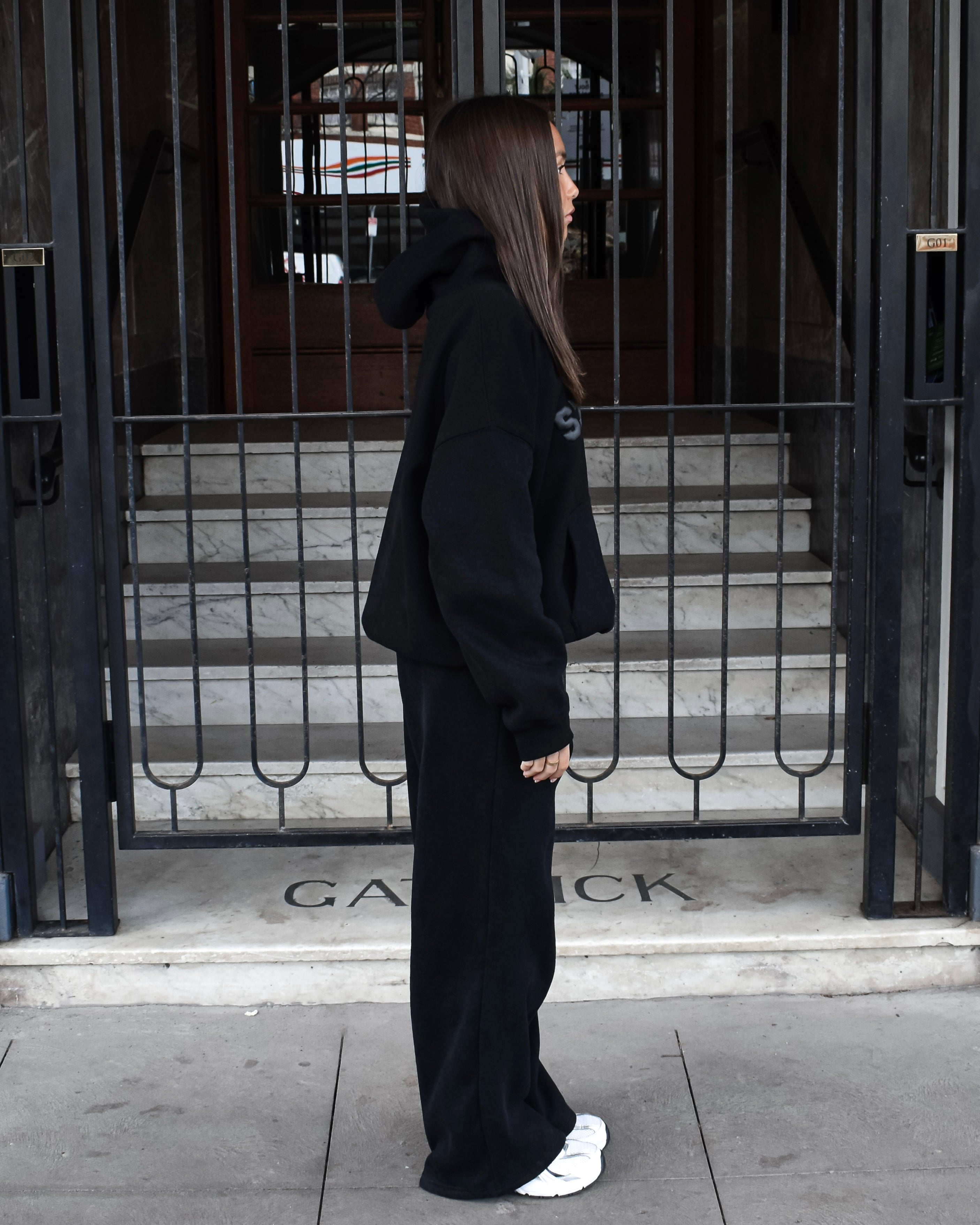 The Varsity Wide Leg Trackpants in Obsidian (Fleece)