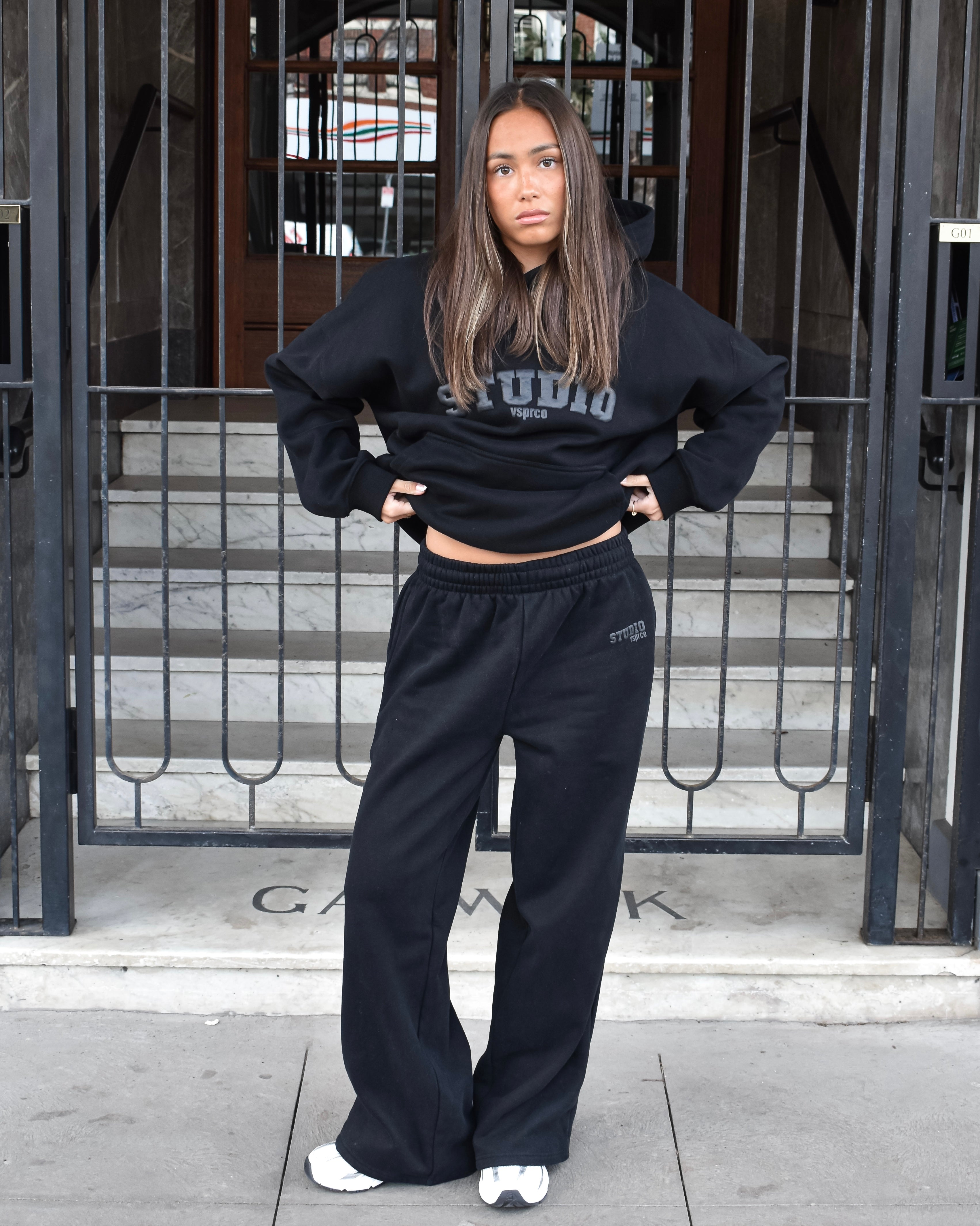 The Varsity Wide Leg Trackpants in Obsidian (Fleece)
