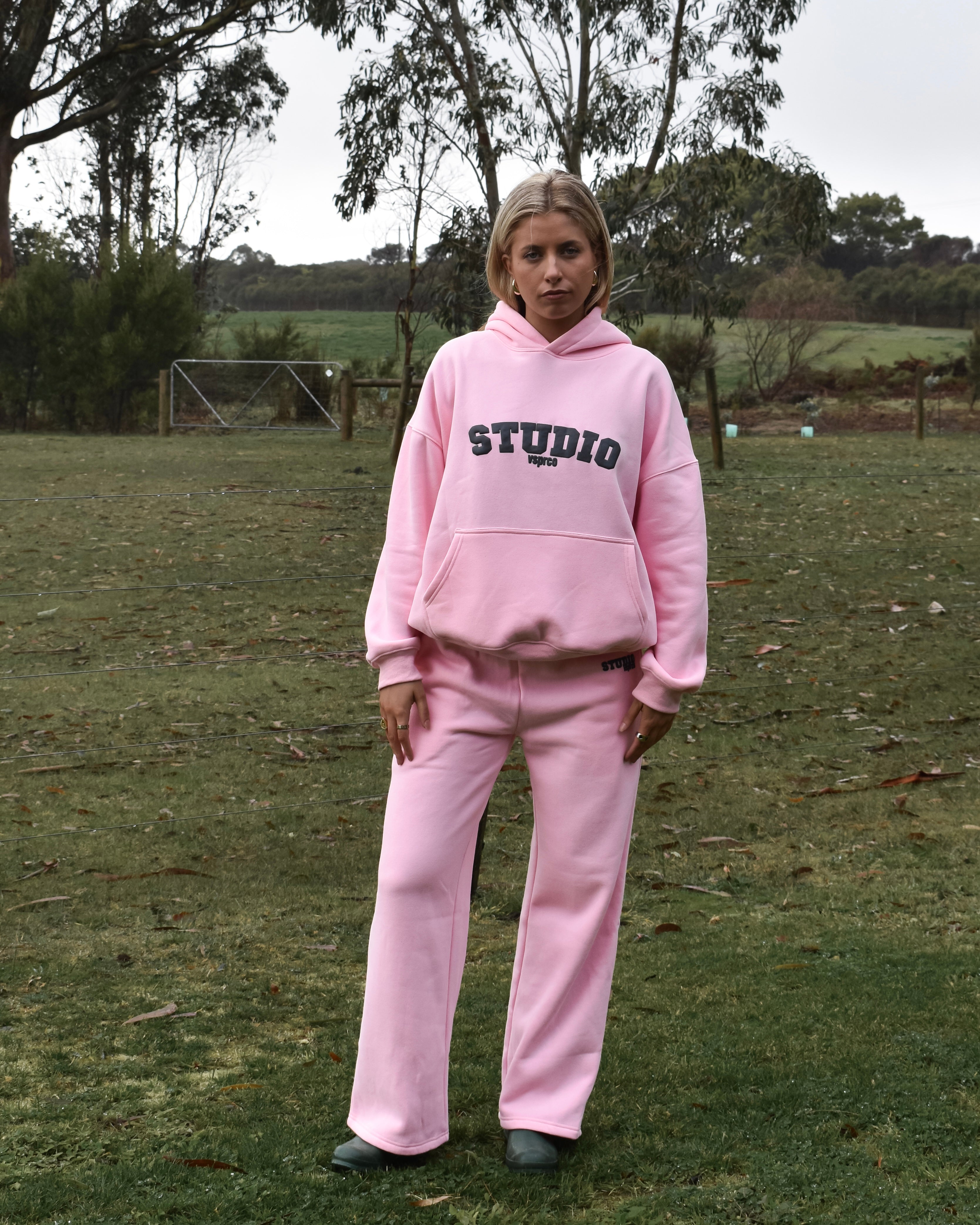 The Varsity Wide Leg Trackpants in Pink Opal (Fleece)