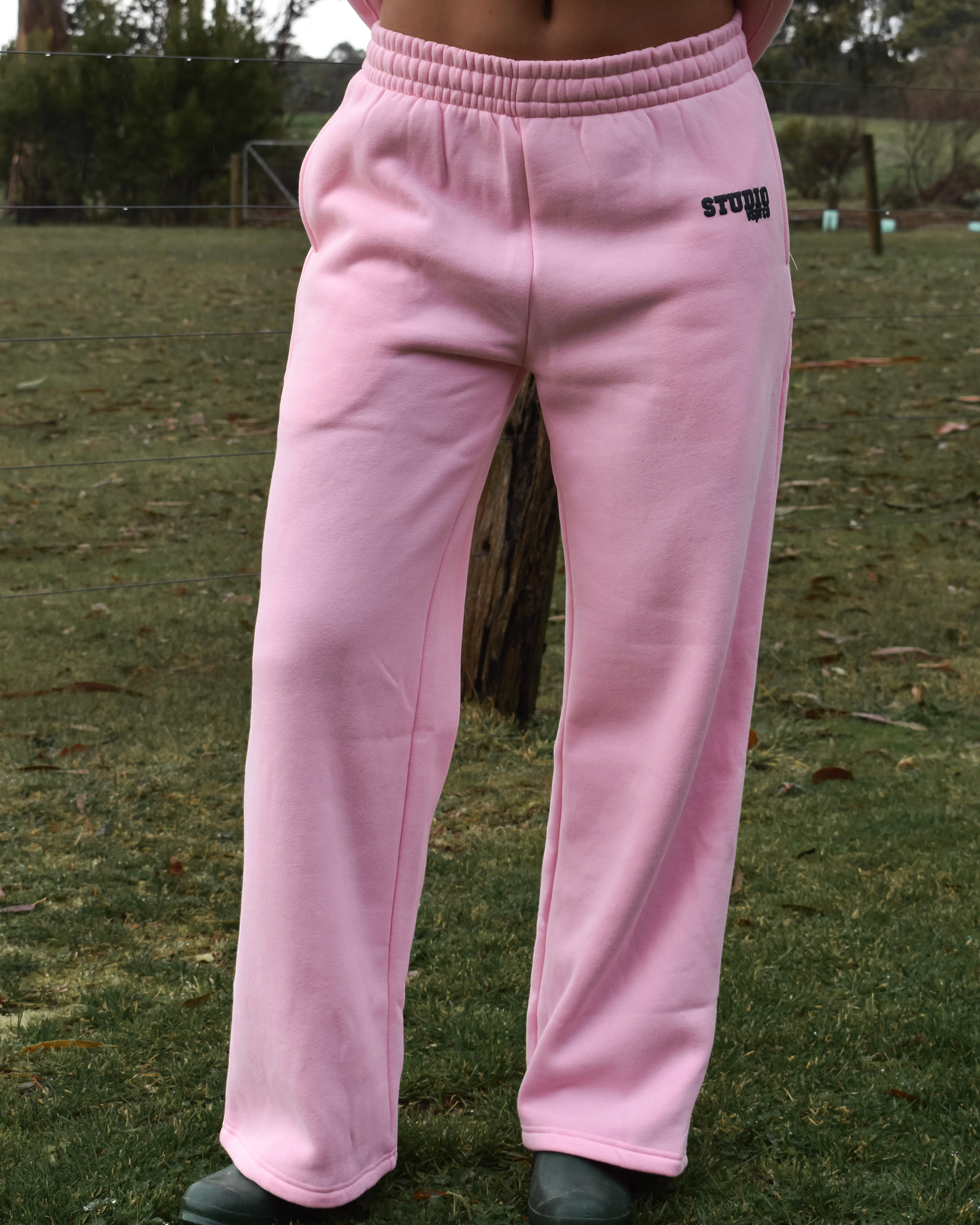 The Varsity Wide Leg Trackpants in Pink Opal (Fleece)