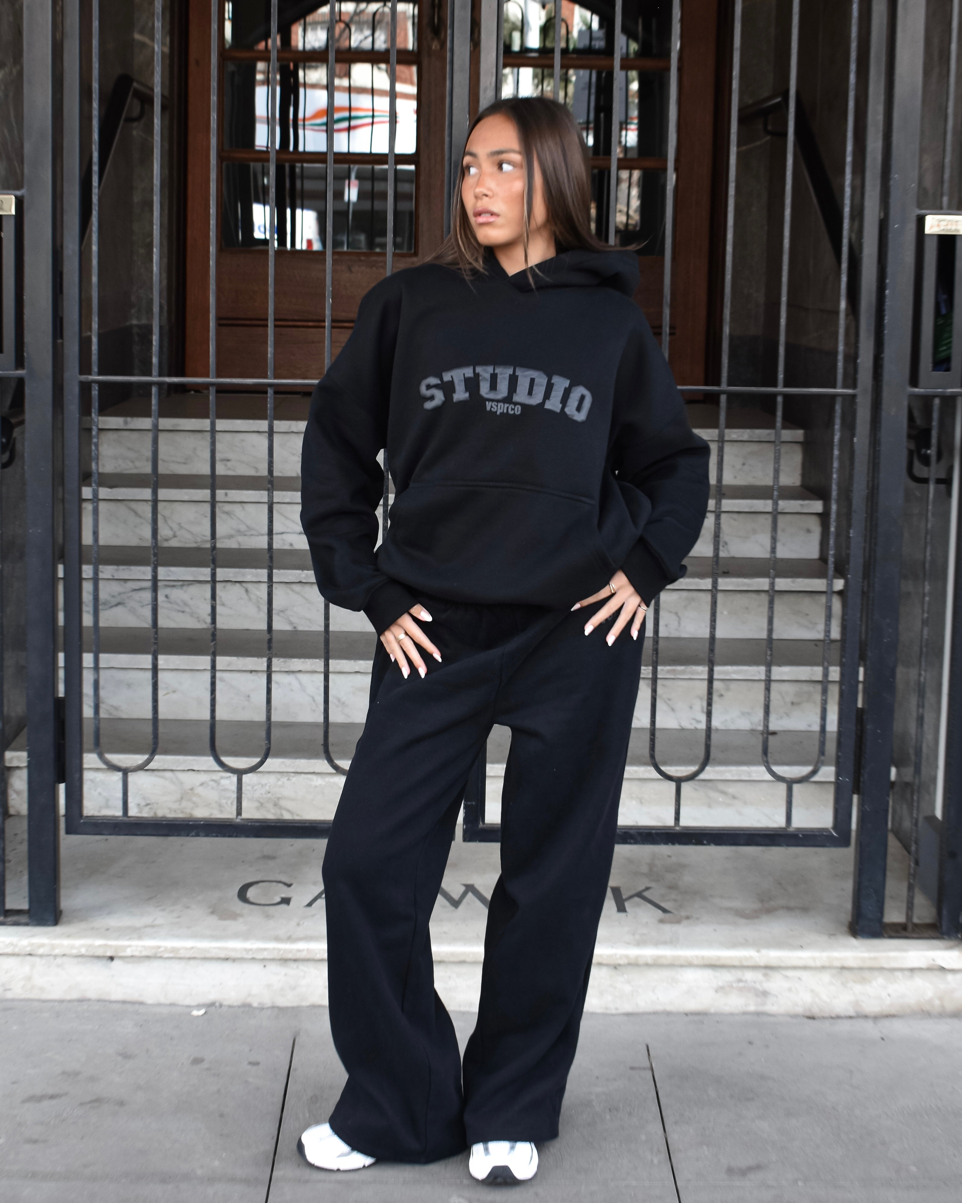 The Varsity Wide Leg Trackpants in Obsidian (Fleece)