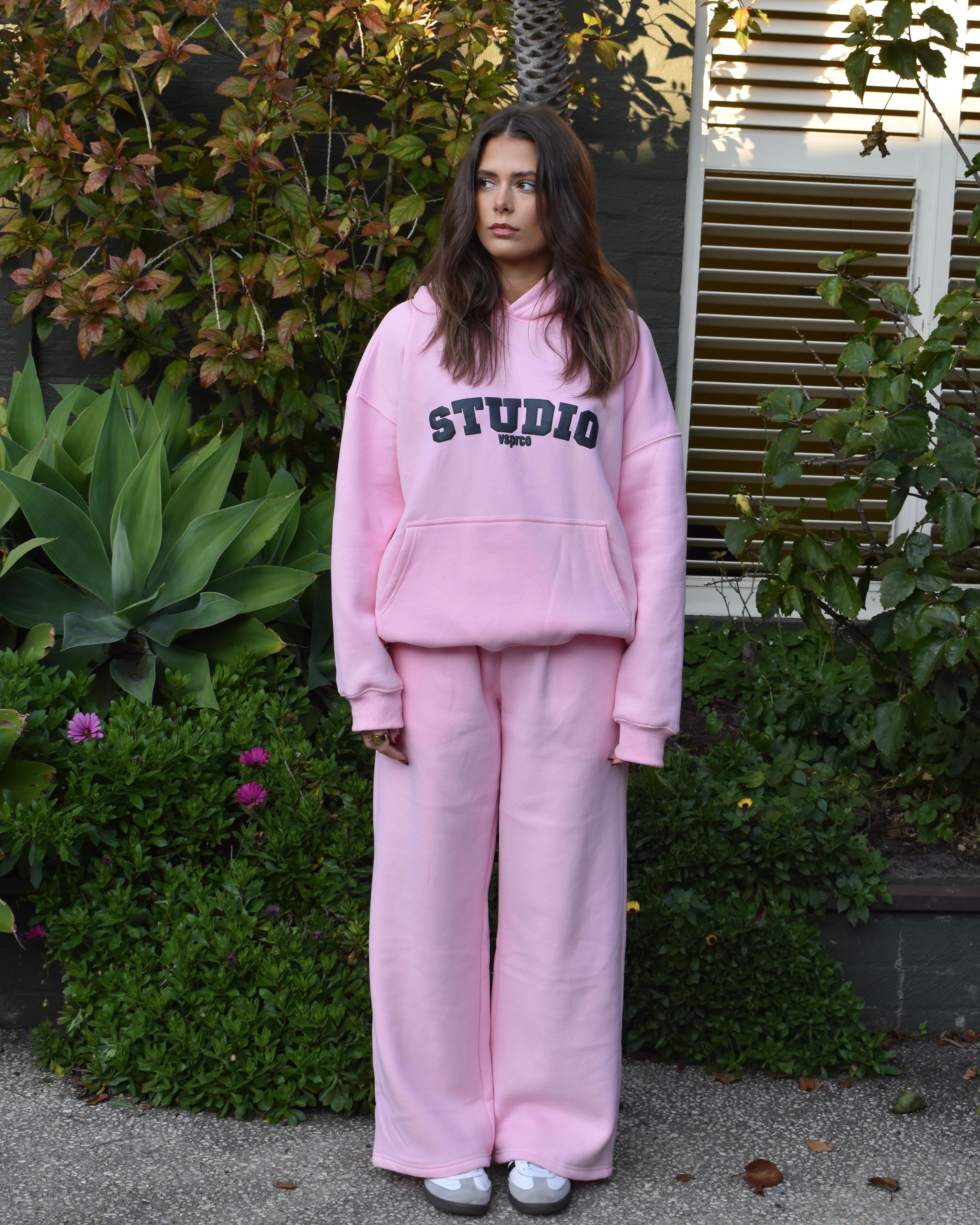The Varsity Wide Leg Trackpants in Pink Opal (Fleece)