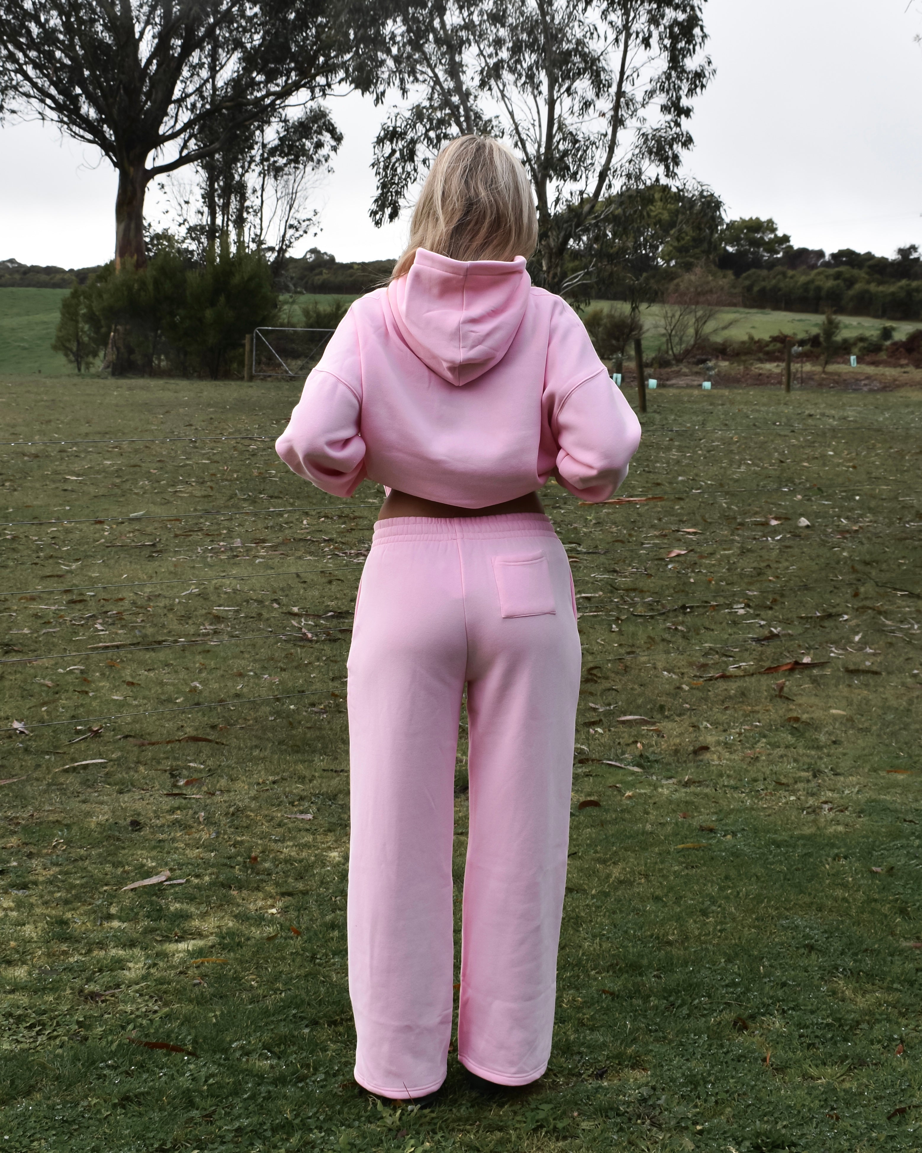 The Varsity Wide Leg Trackpants in Pink Opal (Fleece)