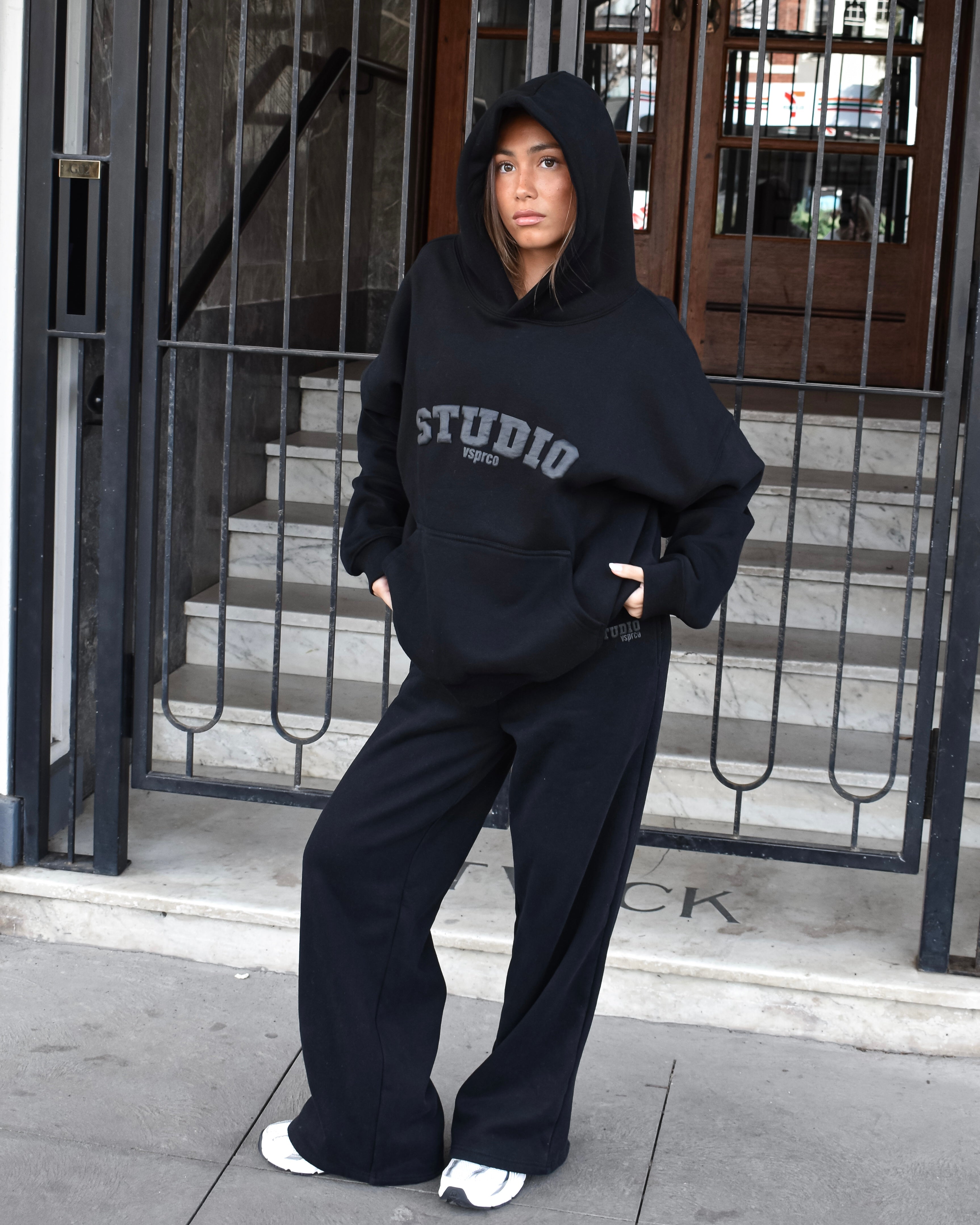 The Varsity Wide Leg Trackpants in Obsidian (Fleece)