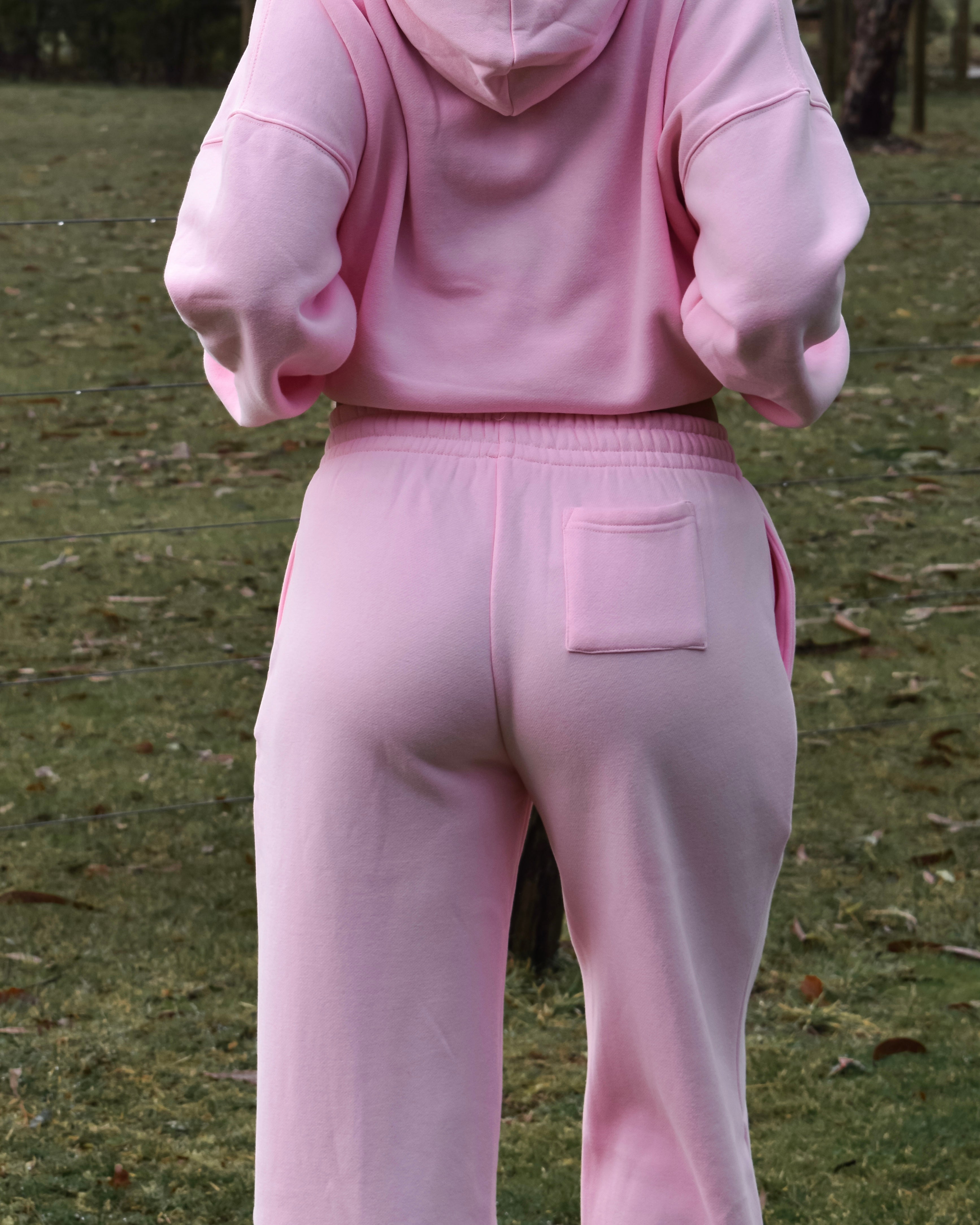 The Varsity Wide Leg Trackpants in Pink Opal (Fleece)