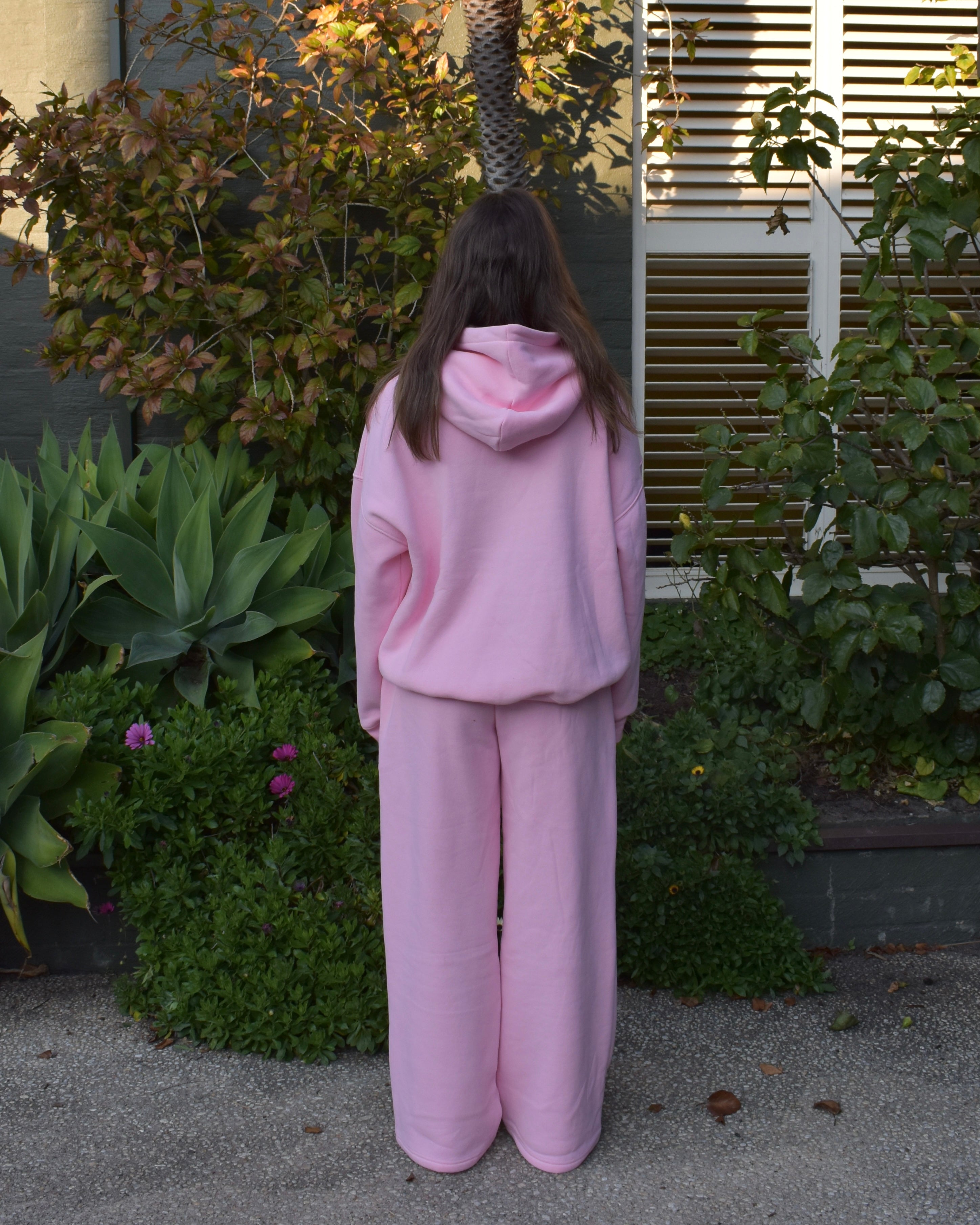The Varsity Wide Leg Trackpants in Pink Opal (Fleece)