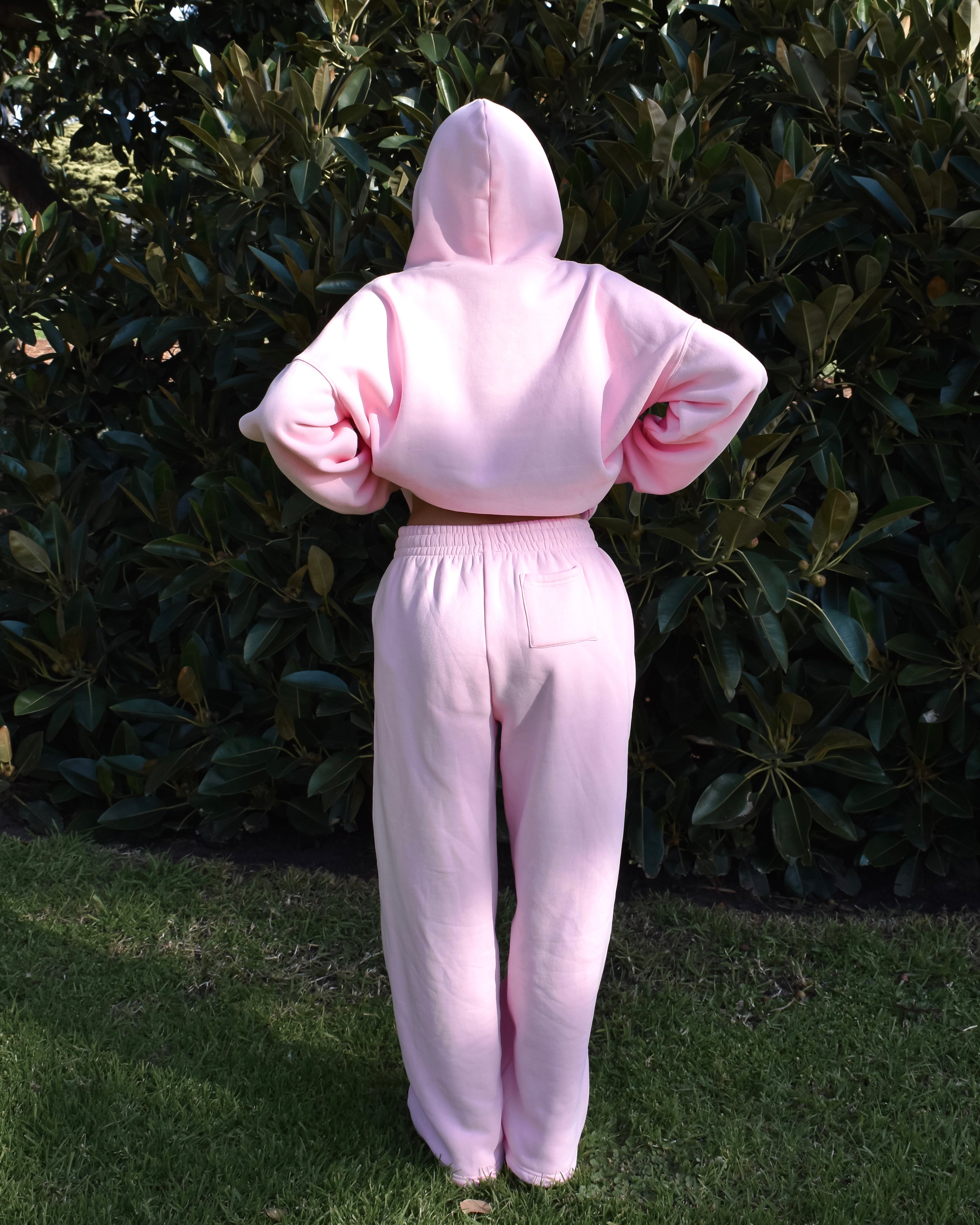 The Varsity Wide Leg Trackpants in Pink Opal (Fleece)