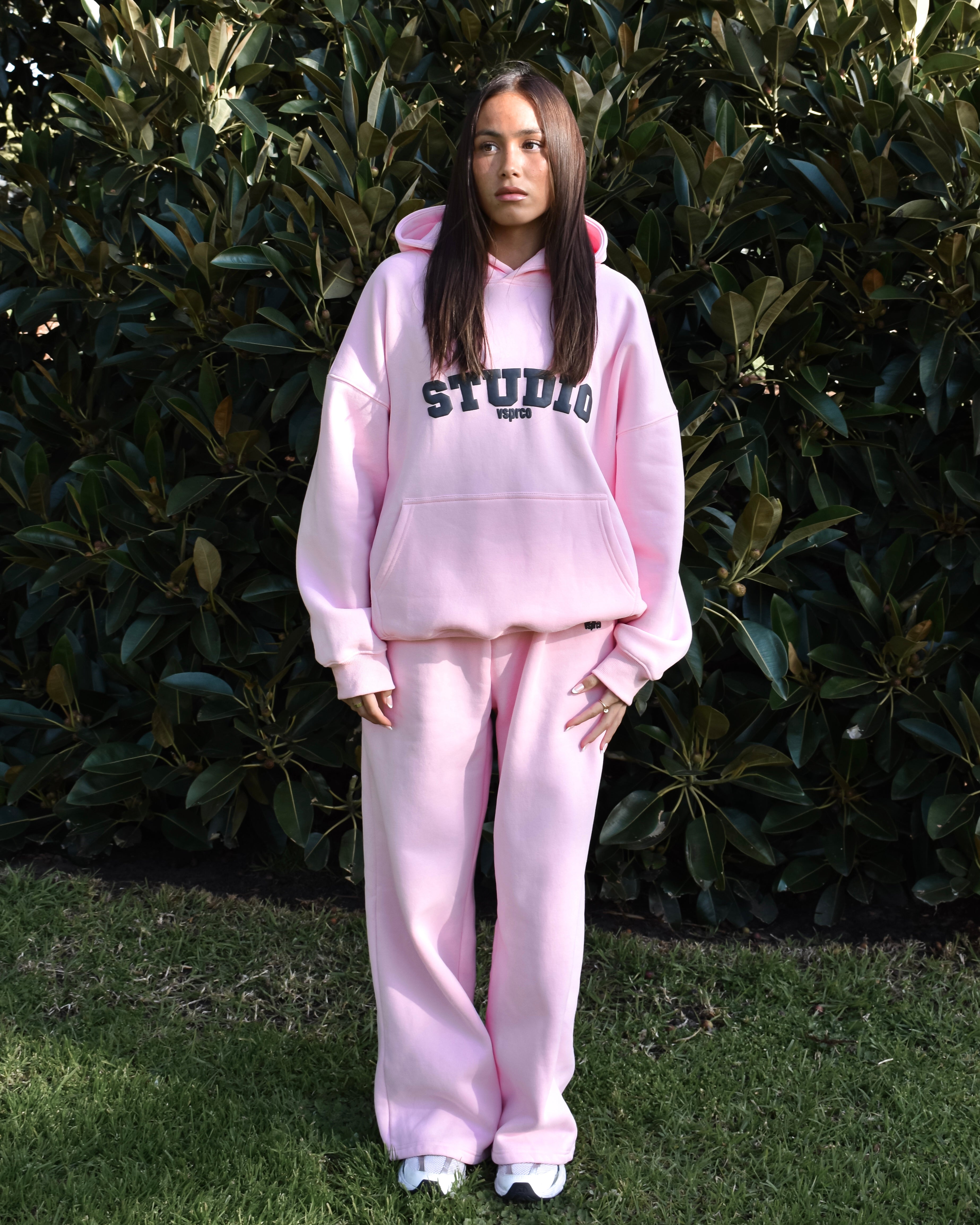 The Varsity Wide Leg Trackpants in Pink Opal (Fleece)