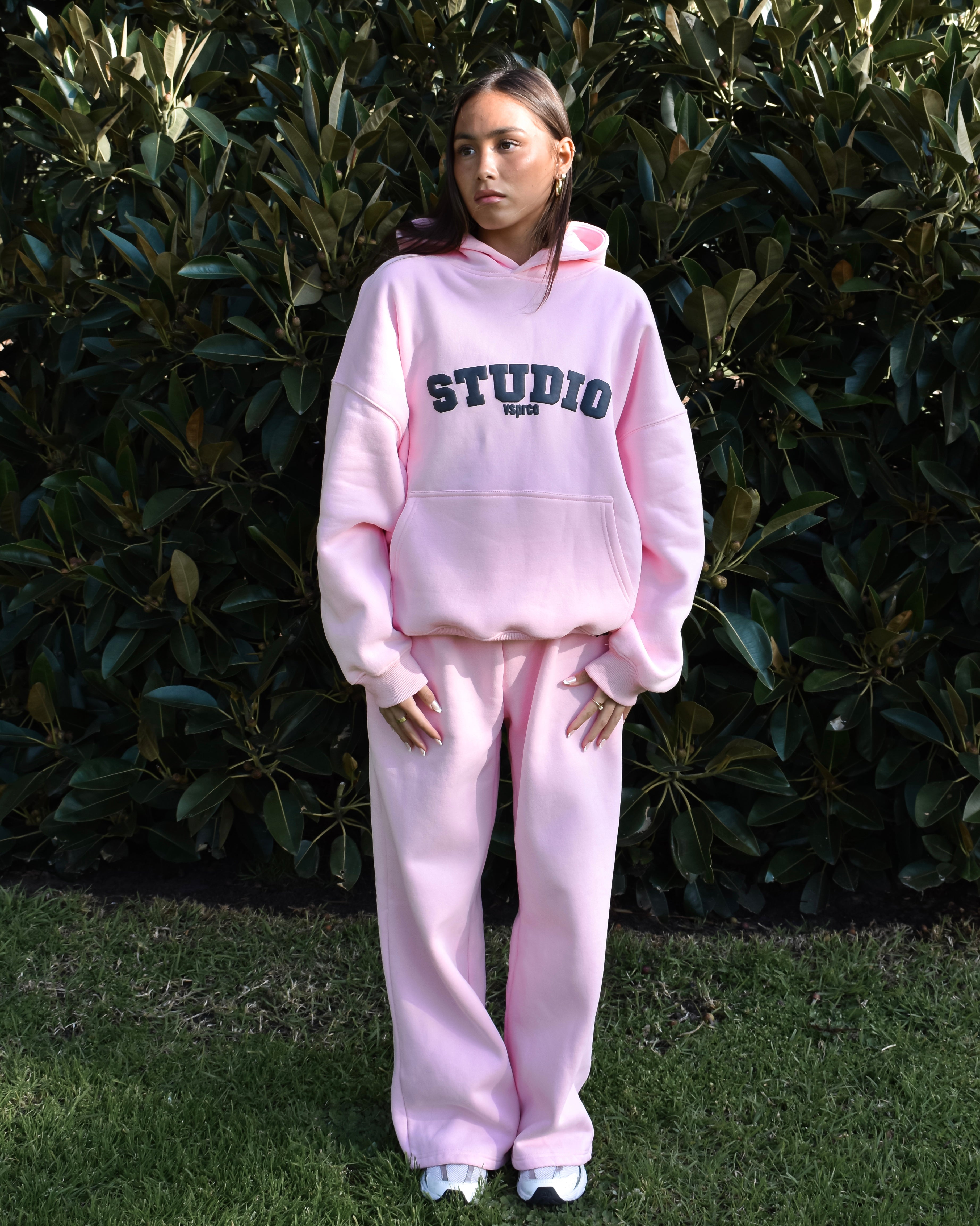 The Varsity Wide Leg Trackpants in Pink Opal (Fleece)