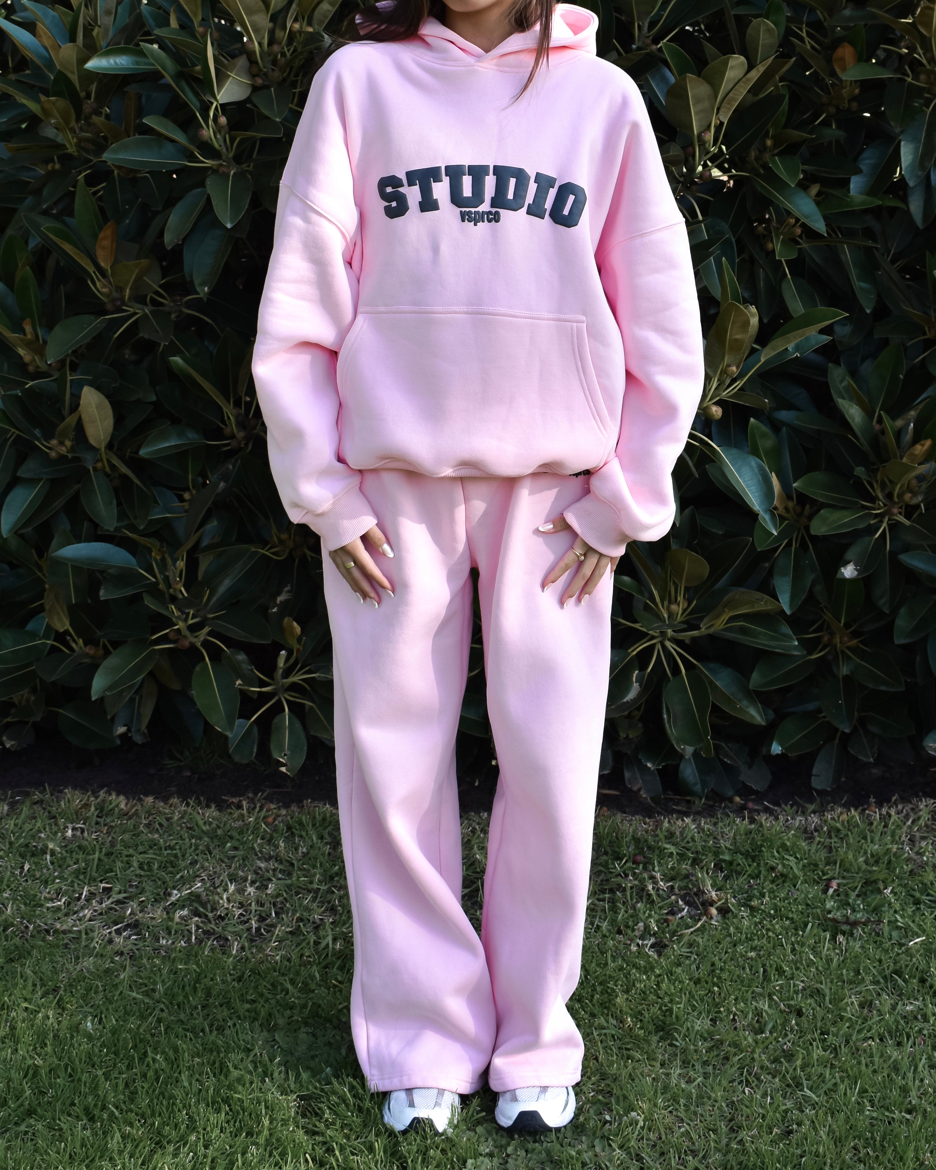 The Varsity Wide Leg Trackpants in Pink Opal (Fleece)