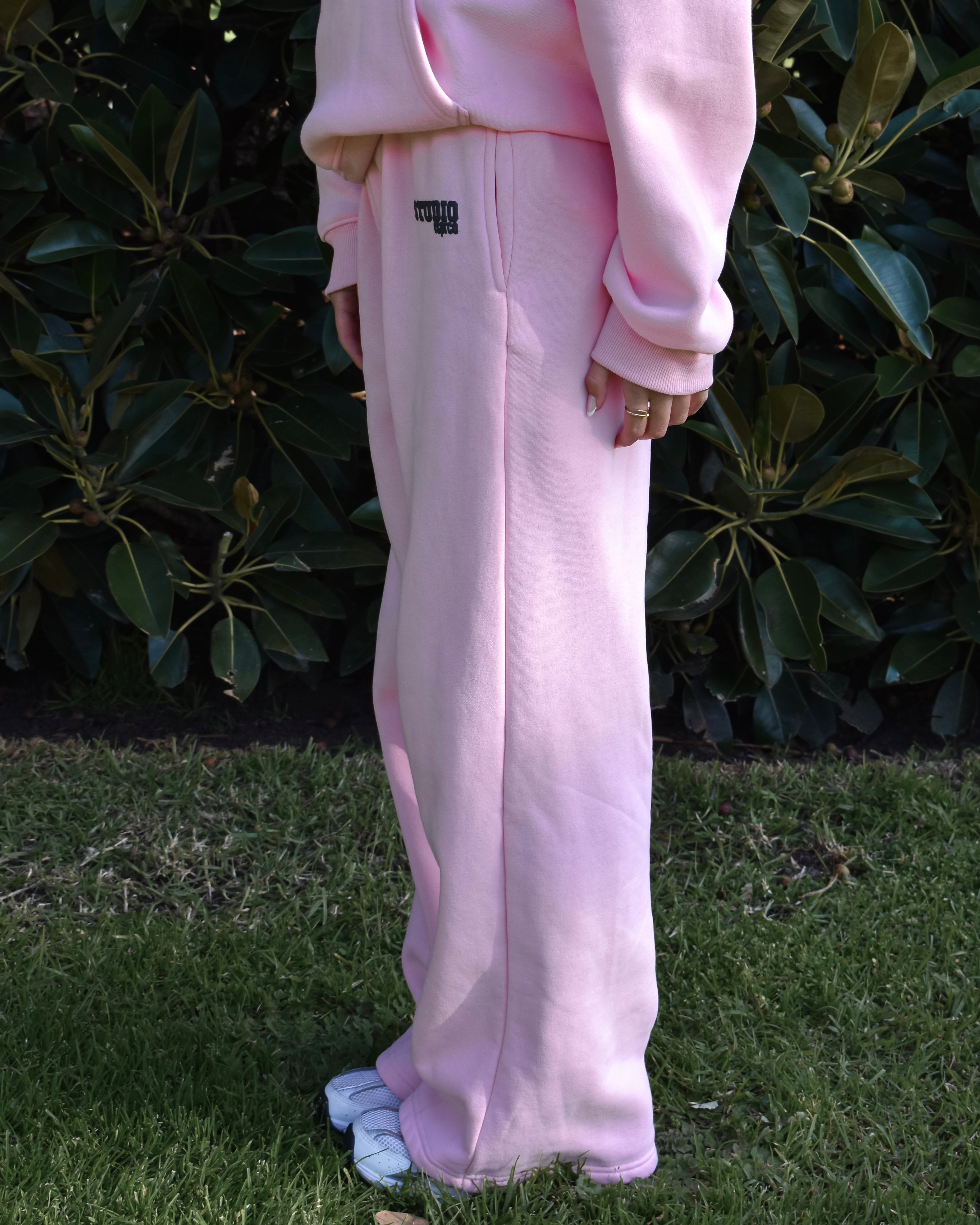 The Varsity Wide Leg Trackpants in Pink Opal (Fleece)