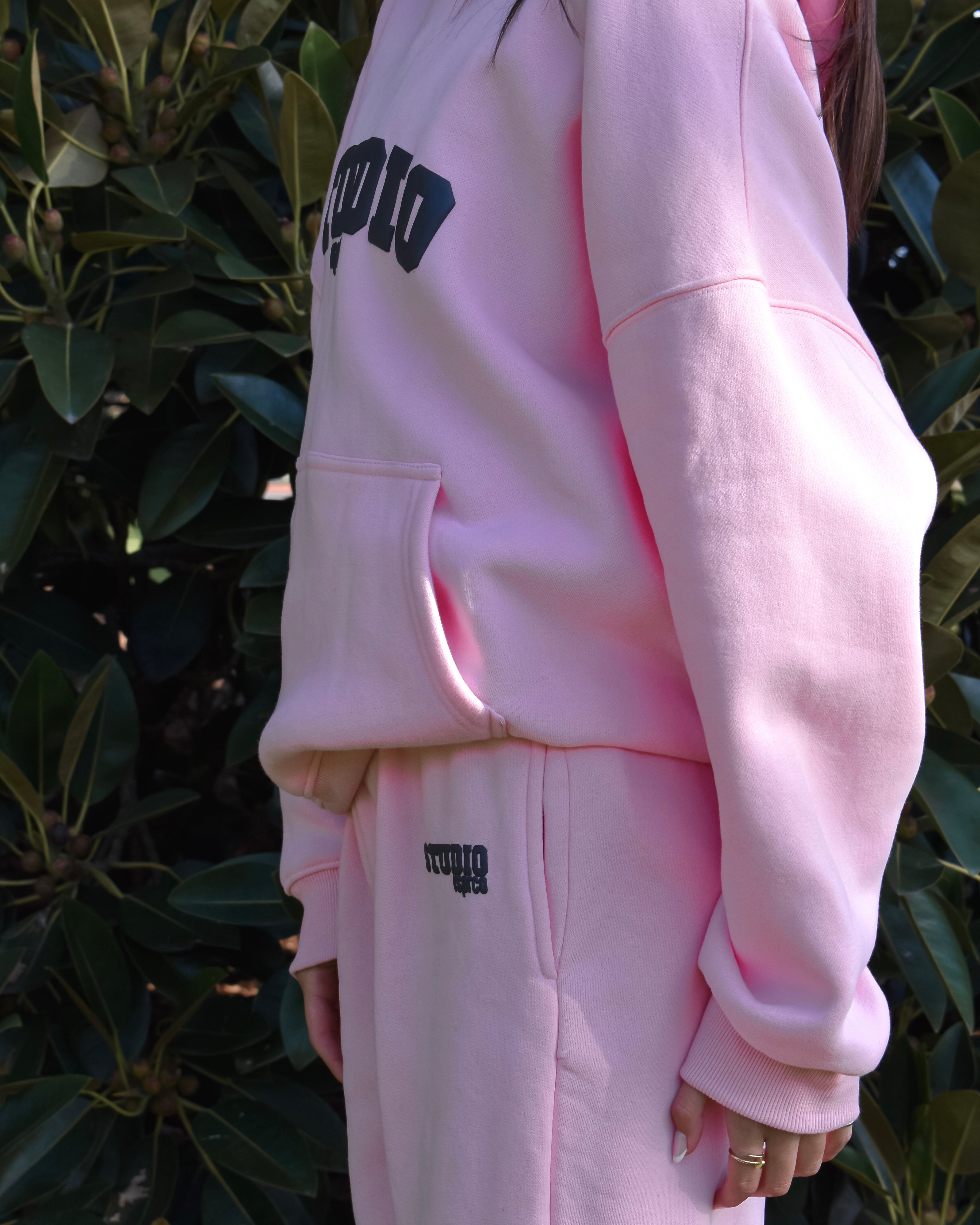The Varsity Wide Leg Trackpants in Pink Opal (Fleece)