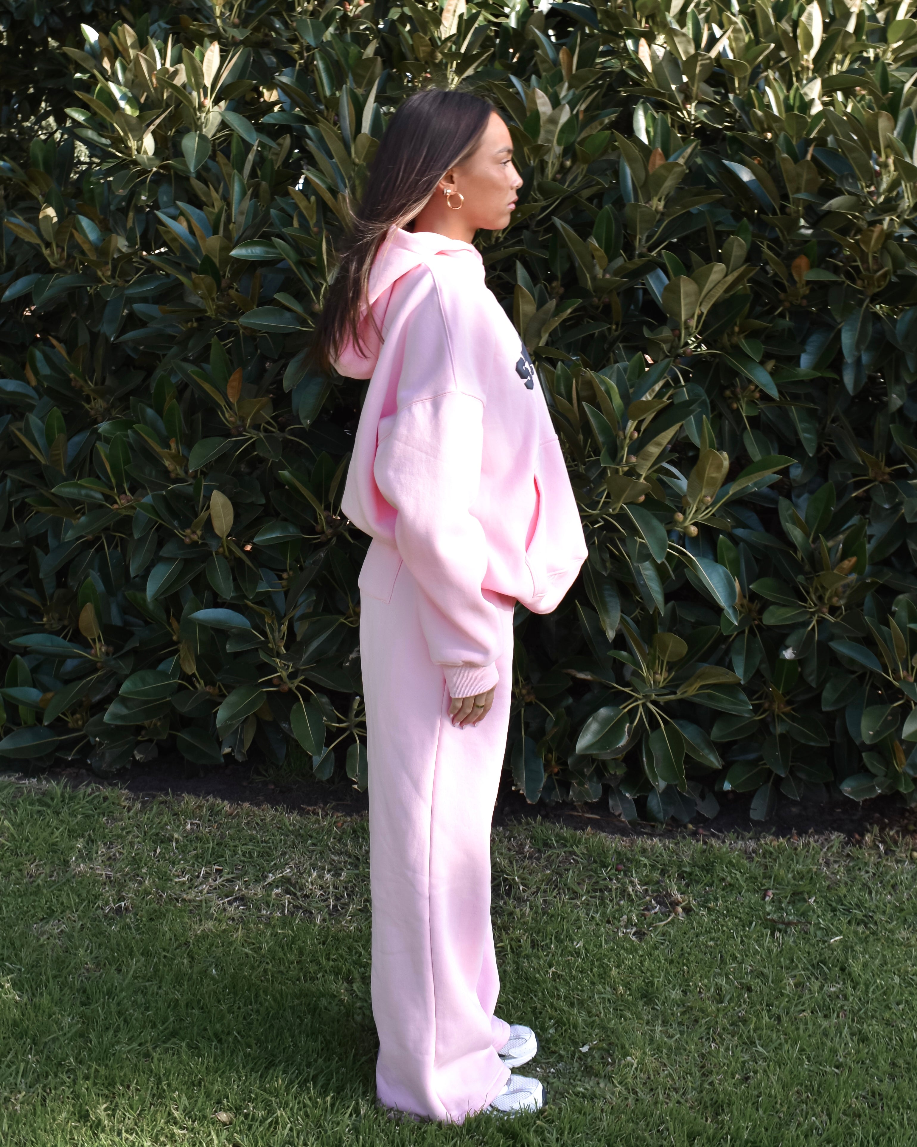 The Varsity Wide Leg Trackpants in Pink Opal (Fleece)