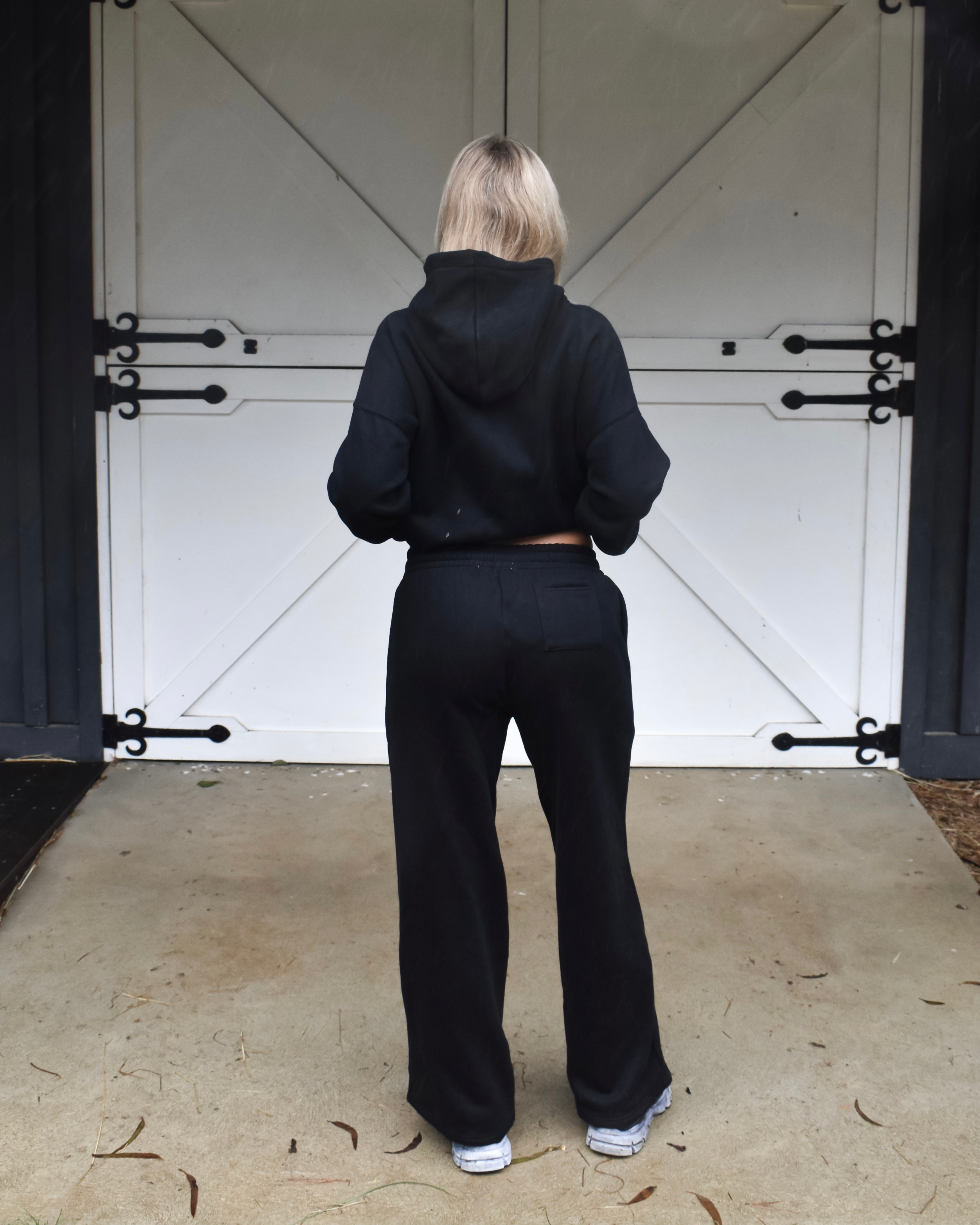 The Varsity Wide Leg Trackpants in Obsidian (Fleece)