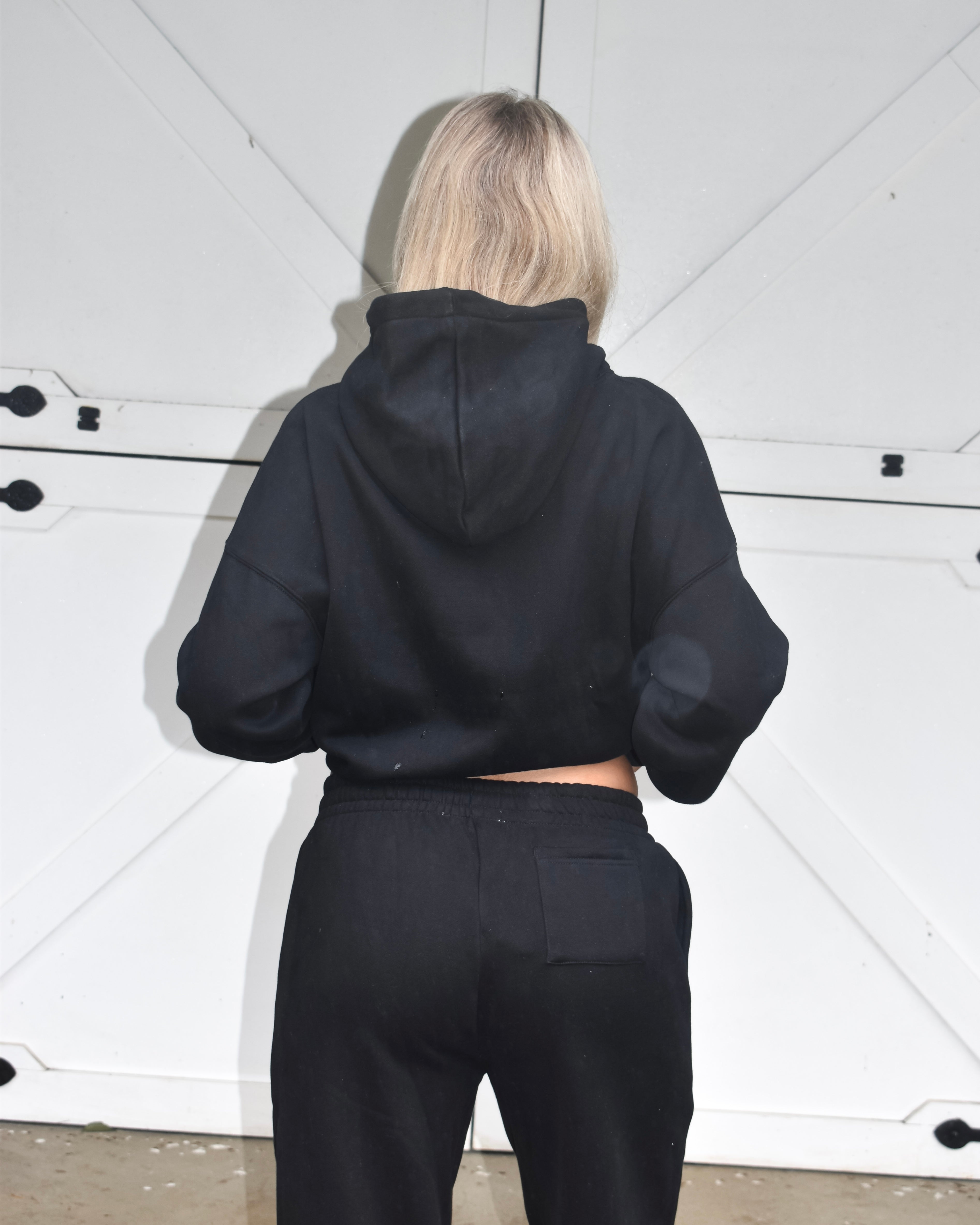 The Varsity Wide Leg Trackpants in Obsidian (Fleece)