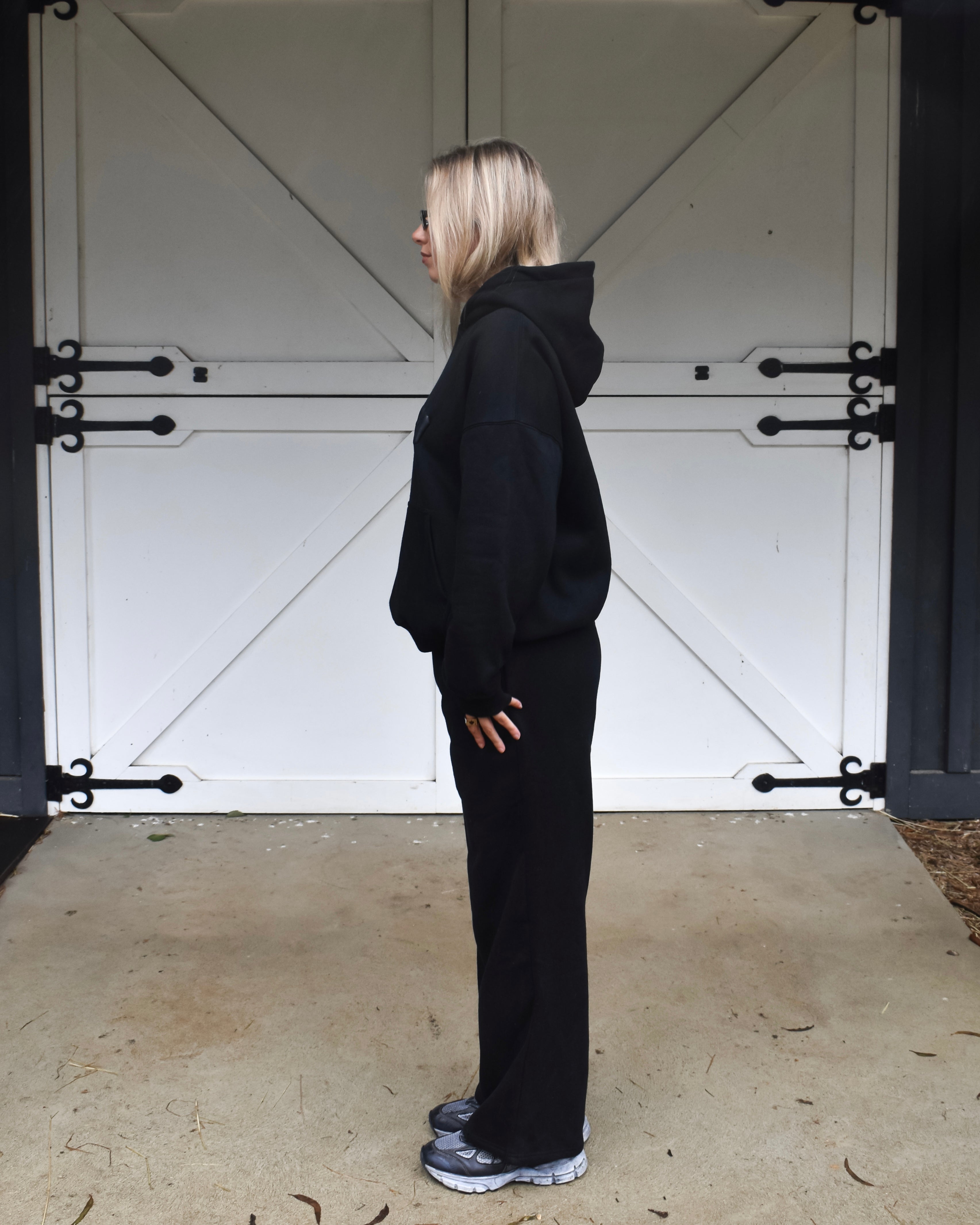 The Varsity Wide Leg Trackpants in Obsidian (Fleece)