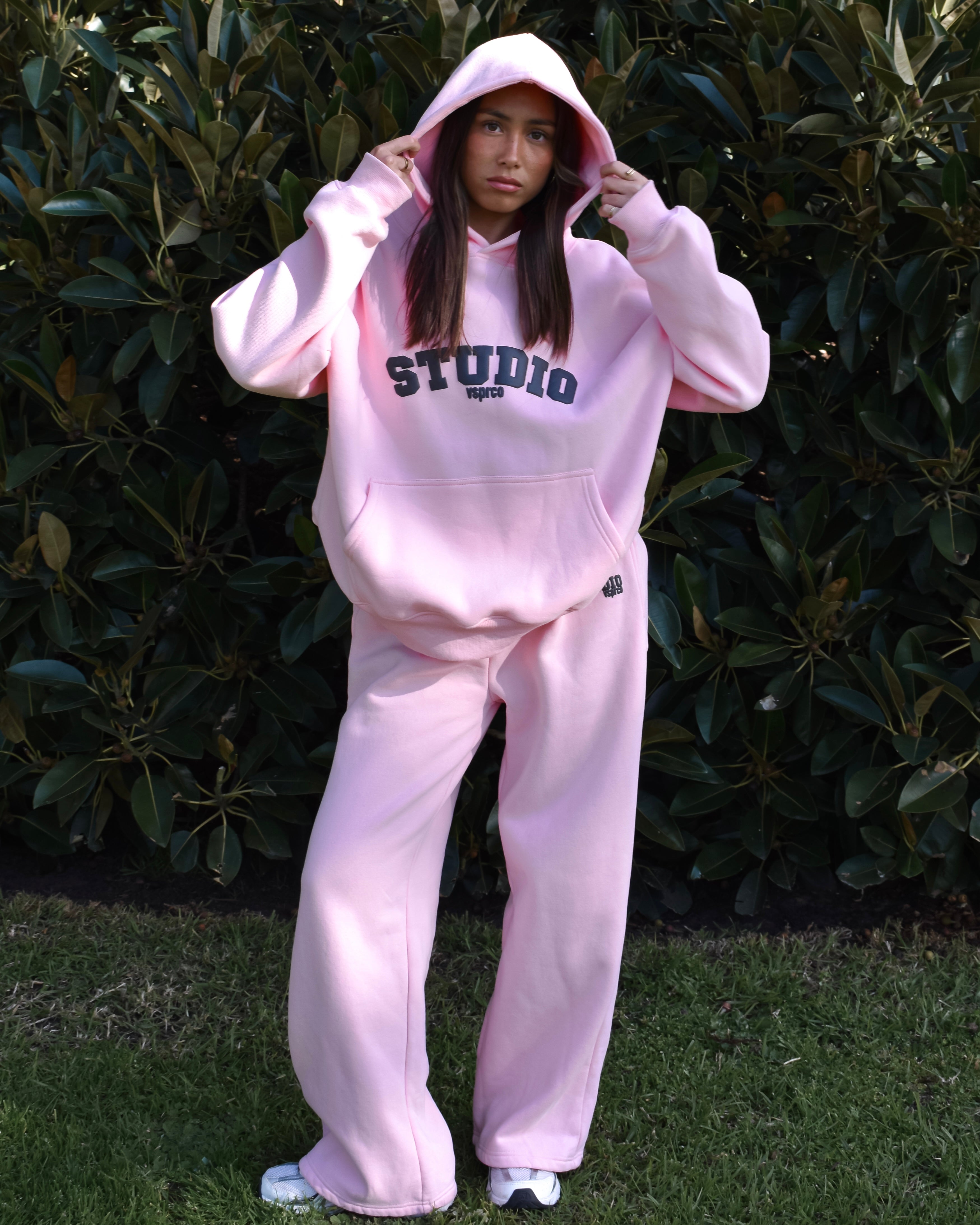 The Varsity Wide Leg Trackpants in Pink Opal (Fleece)