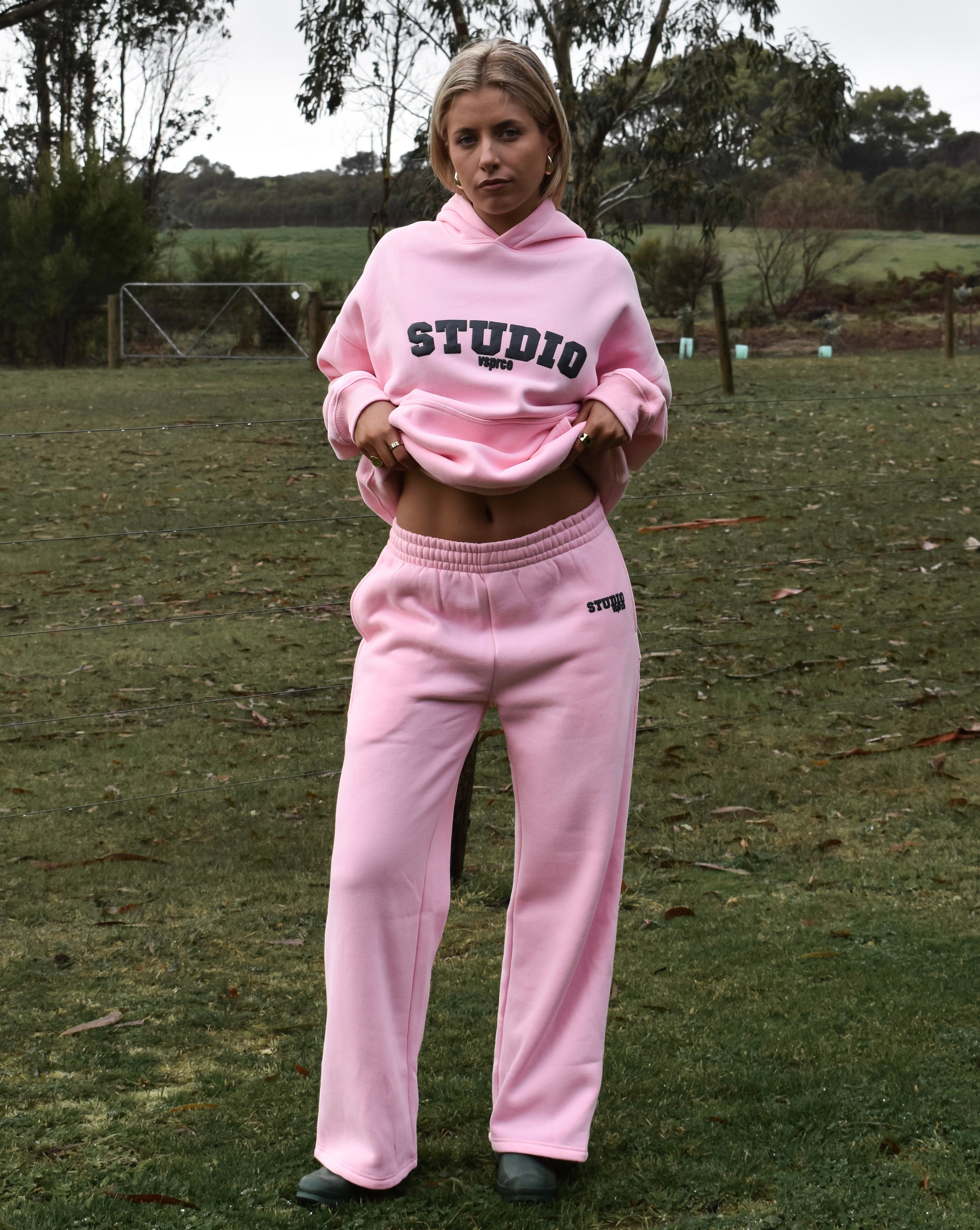 The Varsity Wide Leg Trackpants in Pink Opal