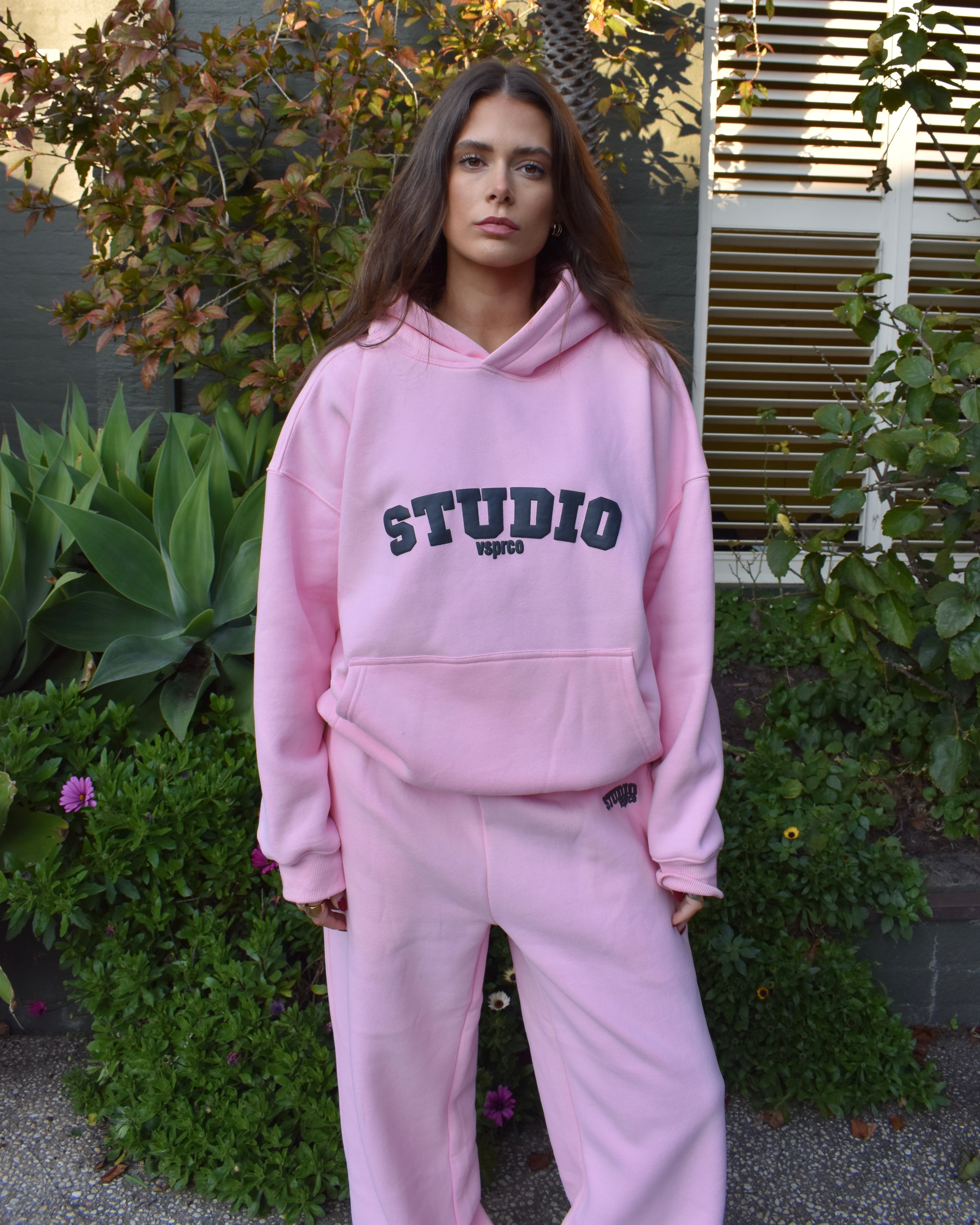 The Varsity Hoodie in Pink Opal