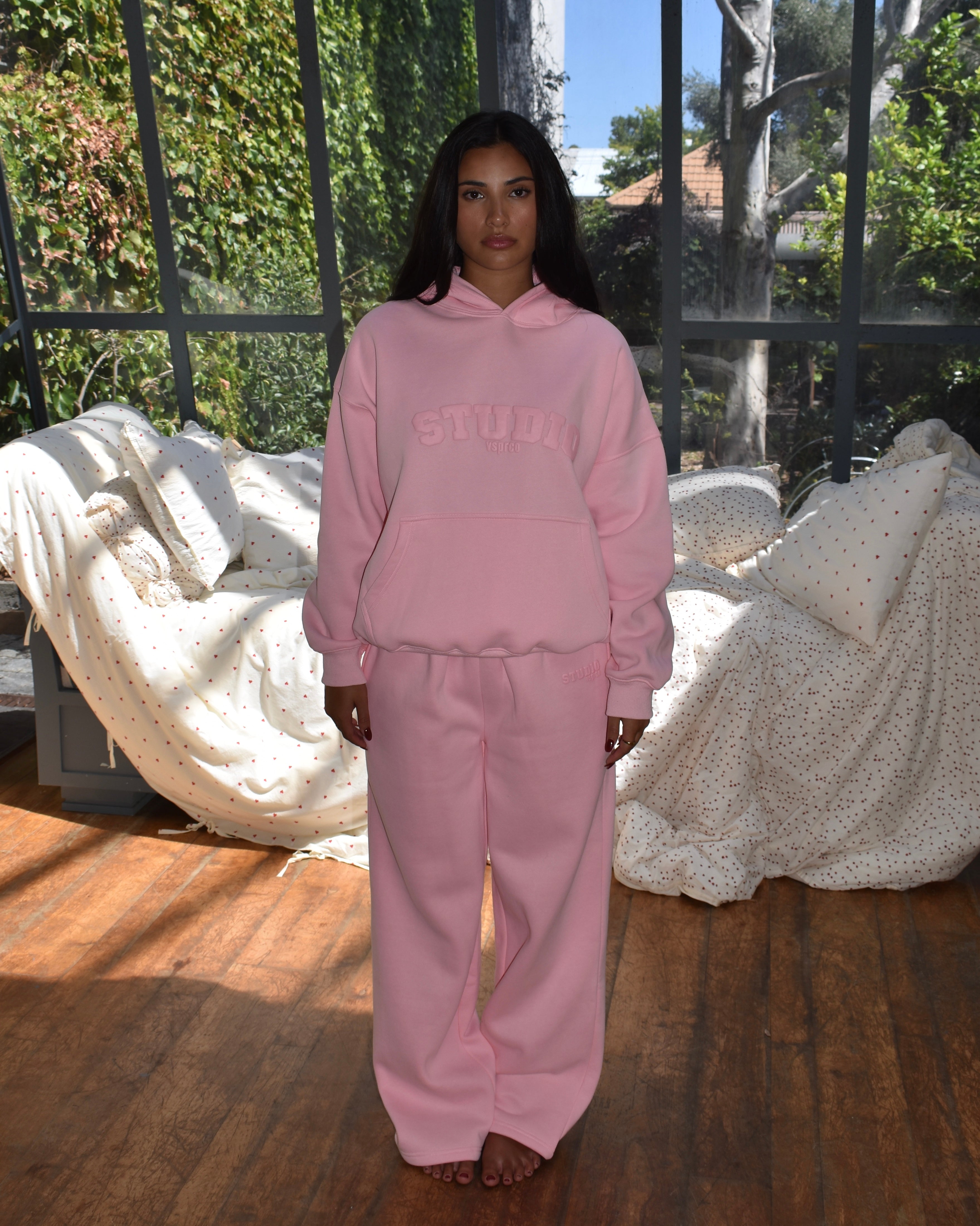 The Varsity Wide Leg Trackpants in Candy Pink (Fleece)