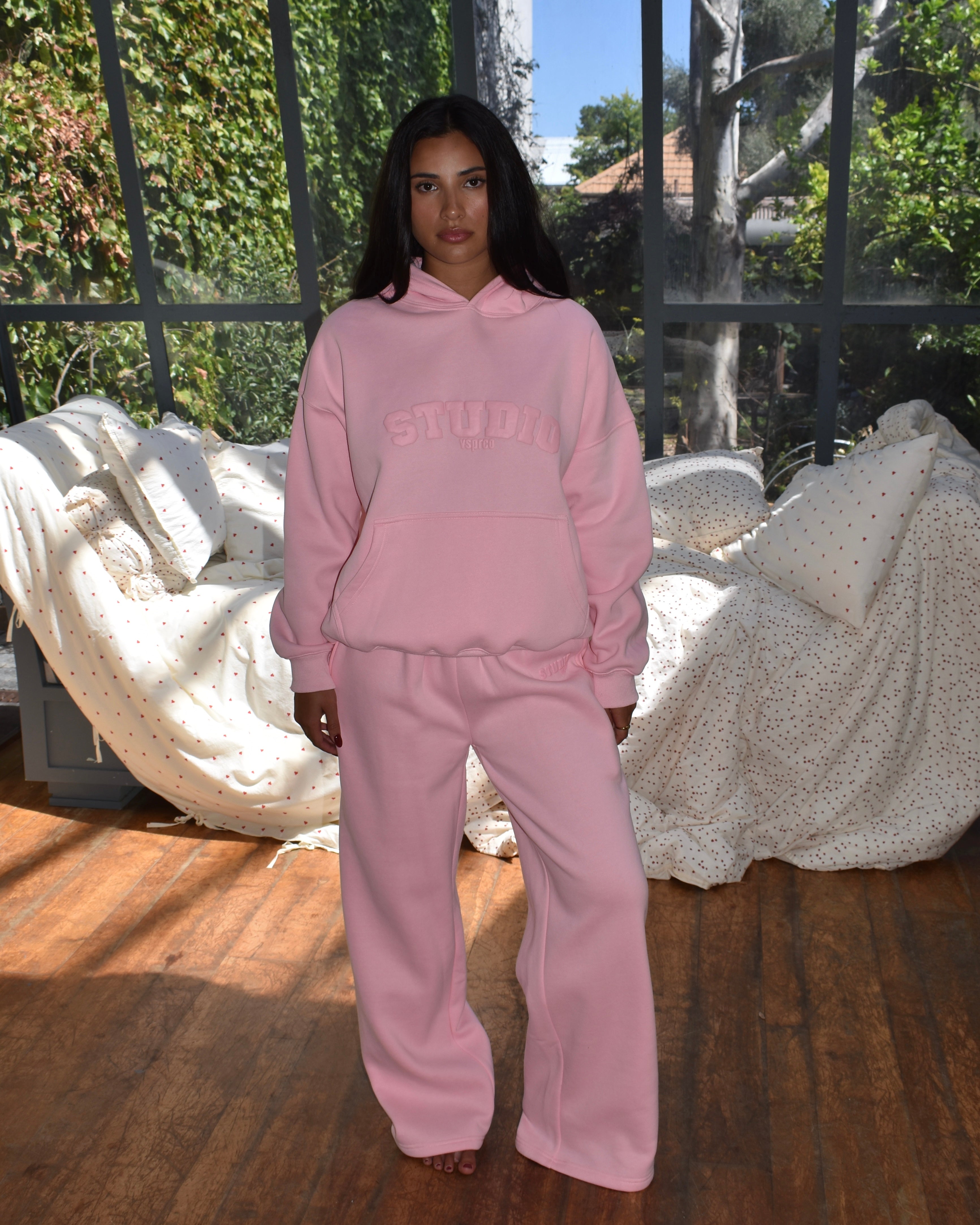 The Varsity Wide Leg Trackpants in Candy Pink (Fleece)