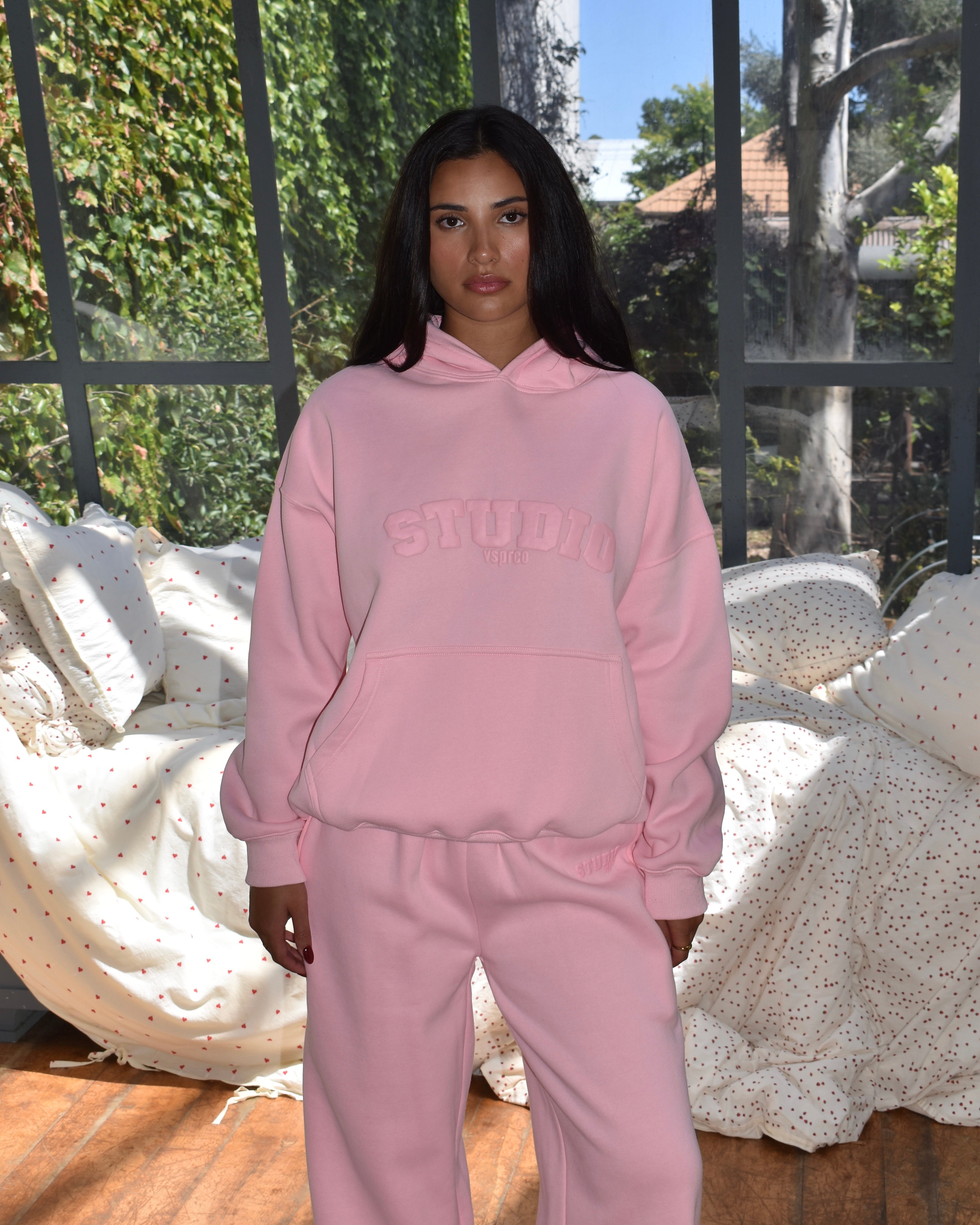 The Varsity Wide Leg Trackpants in Candy Pink (Fleece)