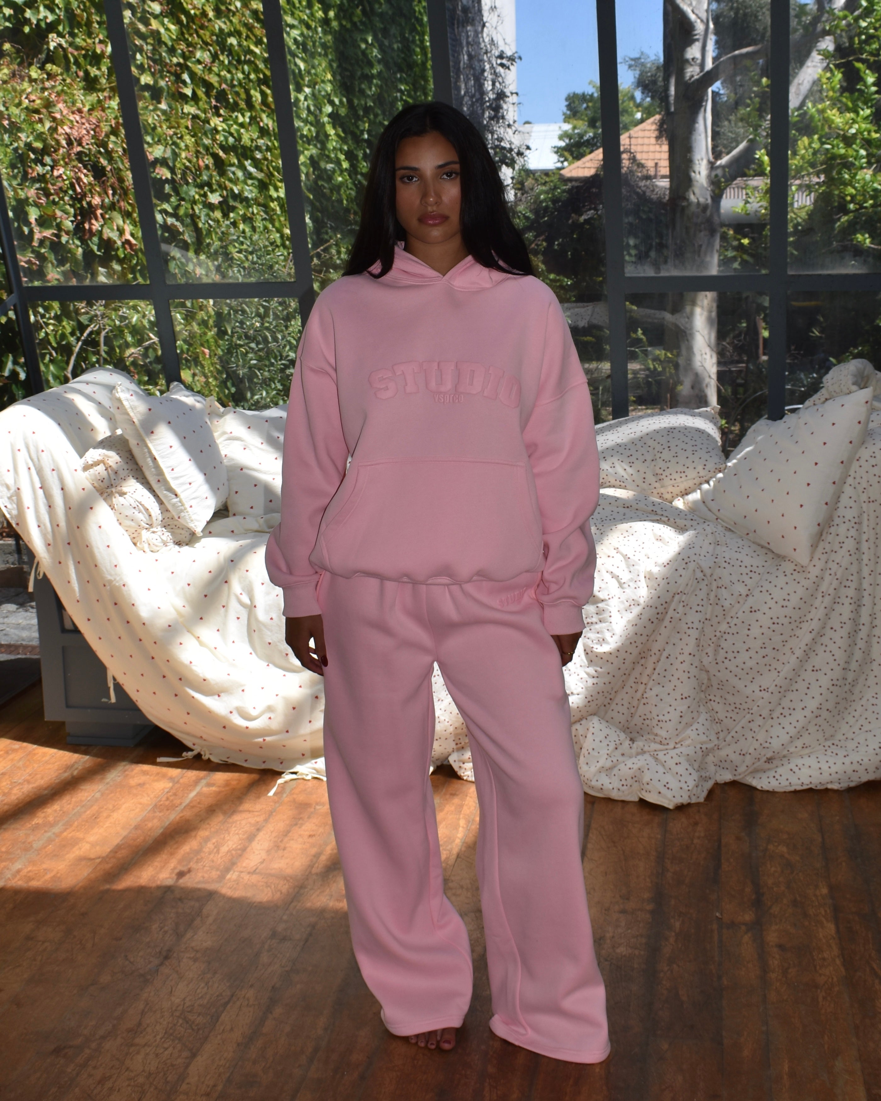 The Varsity Wide Leg Trackpants in Candy Pink (Fleece)