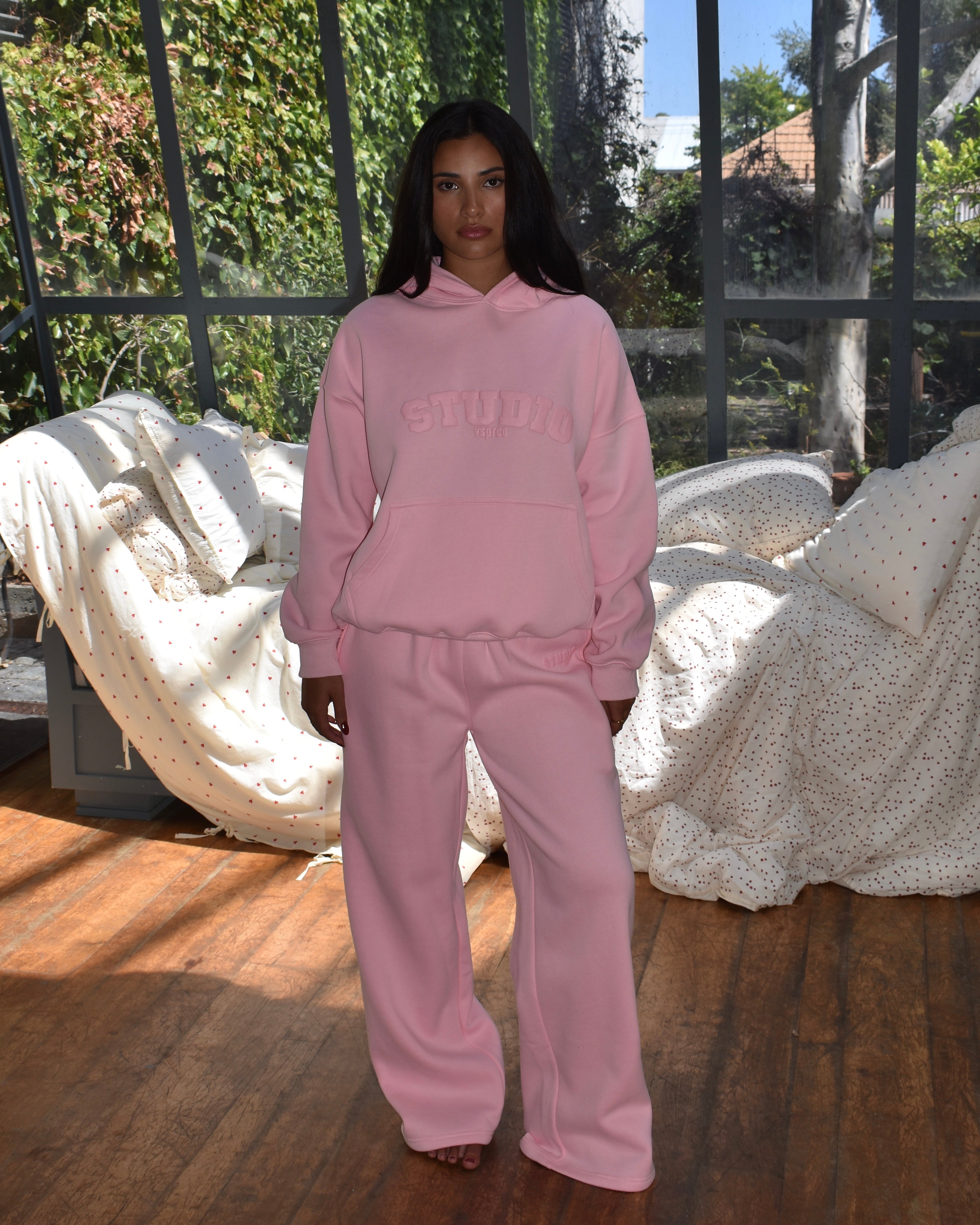 The Varsity Wide Leg Trackpants in Candy Pink (Fleece)