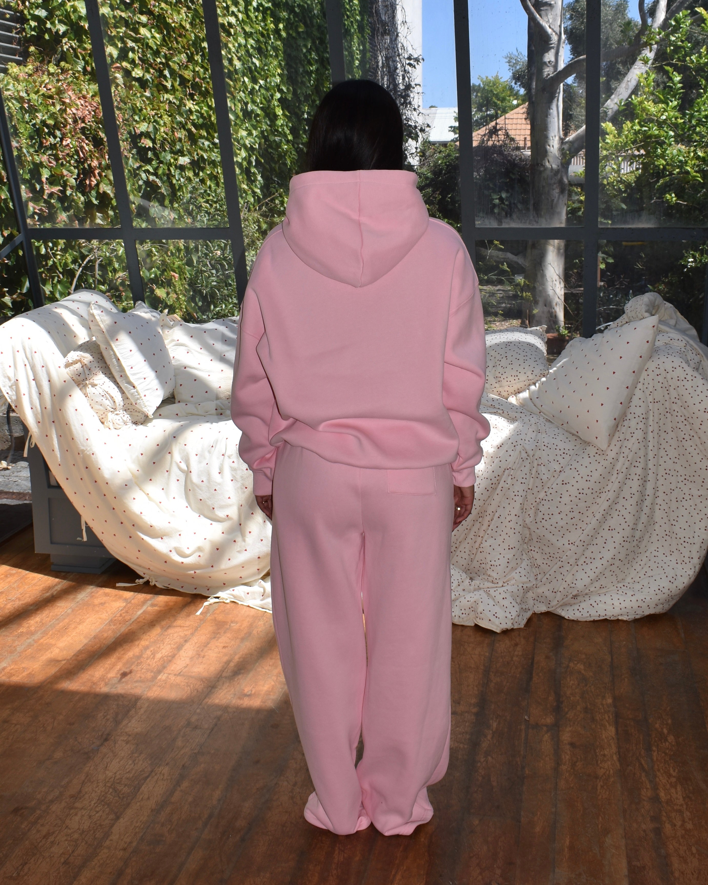 The Varsity Wide Leg Trackpants in Candy Pink (Fleece)