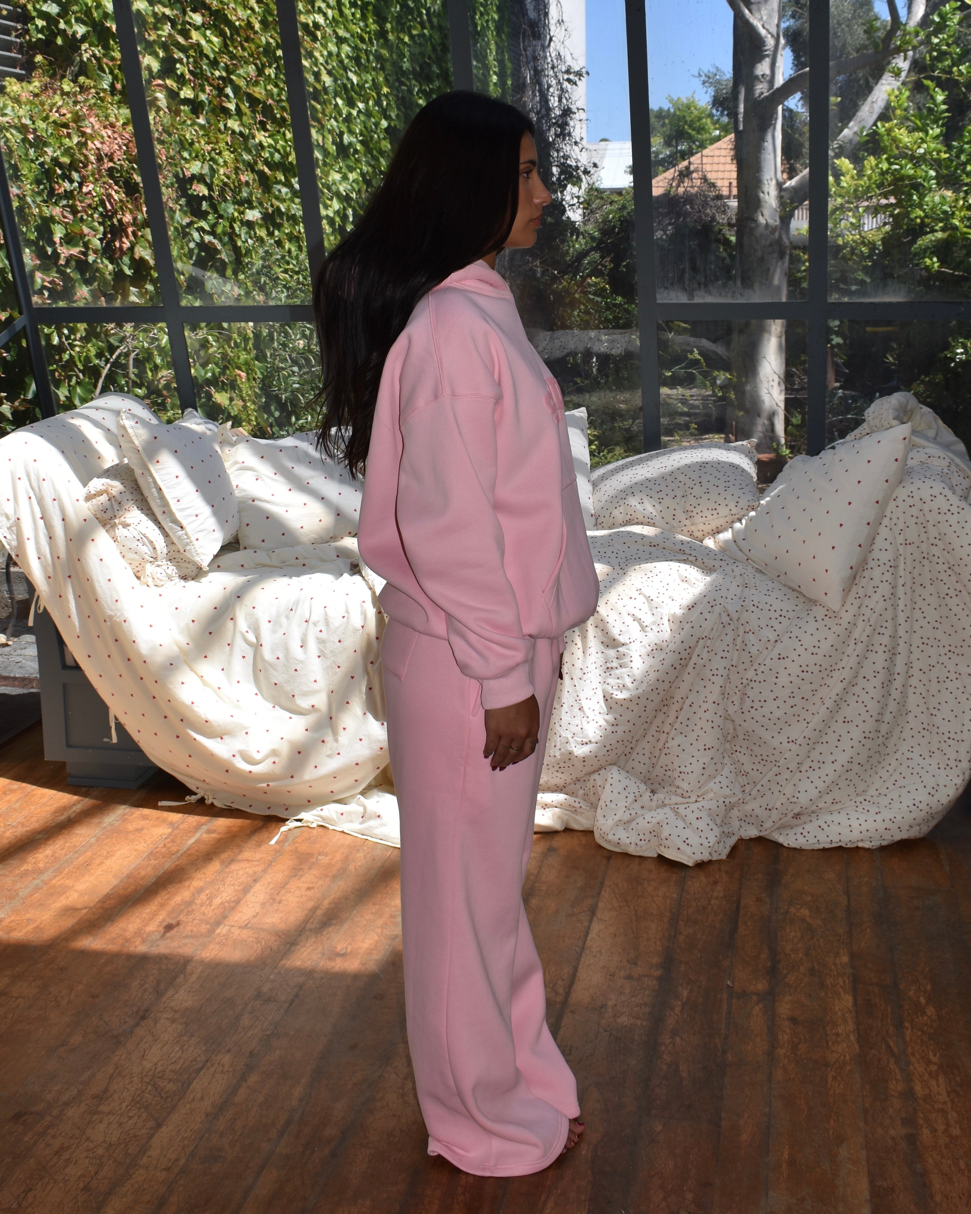 The Varsity Wide Leg Trackpants in Candy Pink (Fleece)