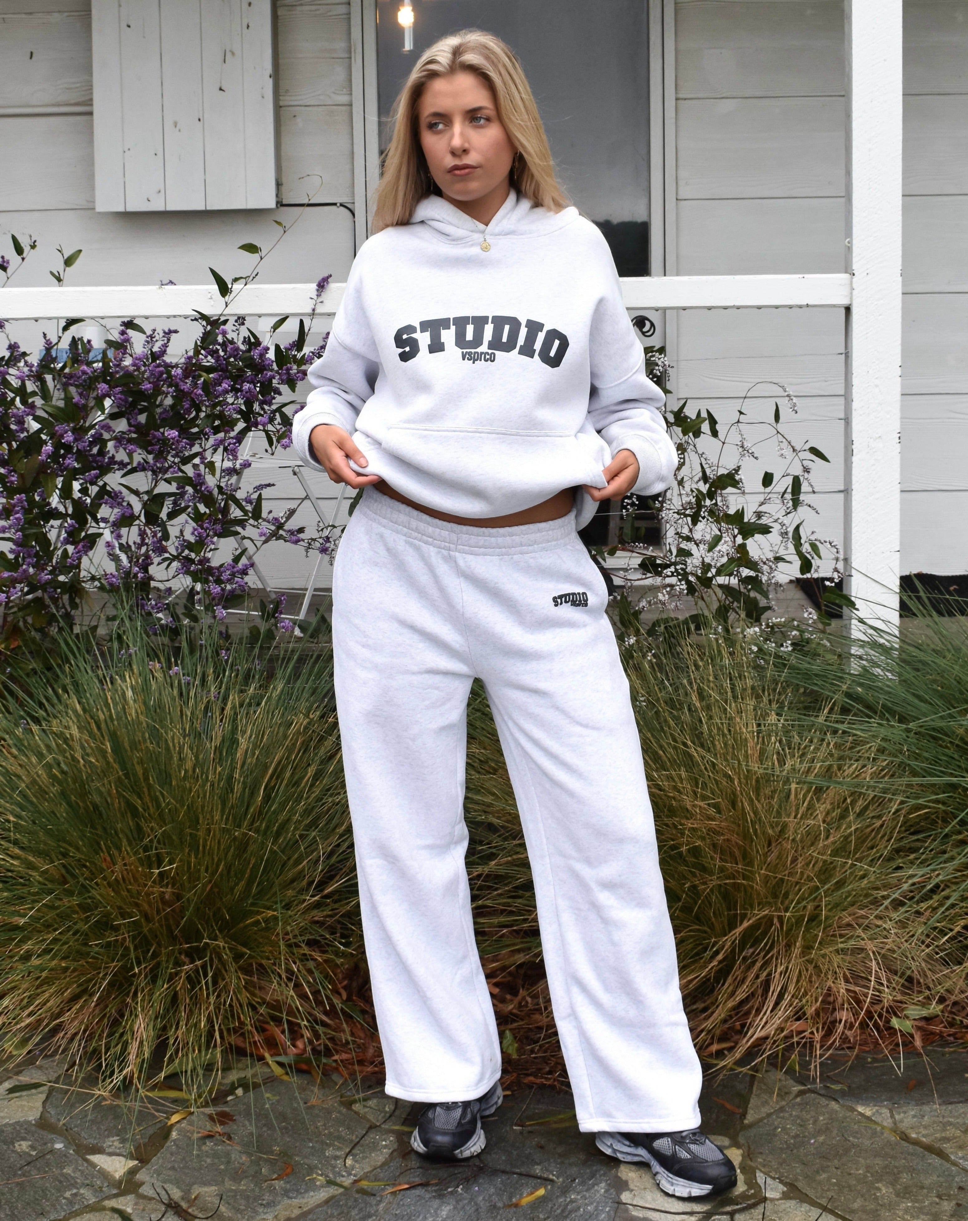 The Varsity Wide Leg Trackpants in Silver