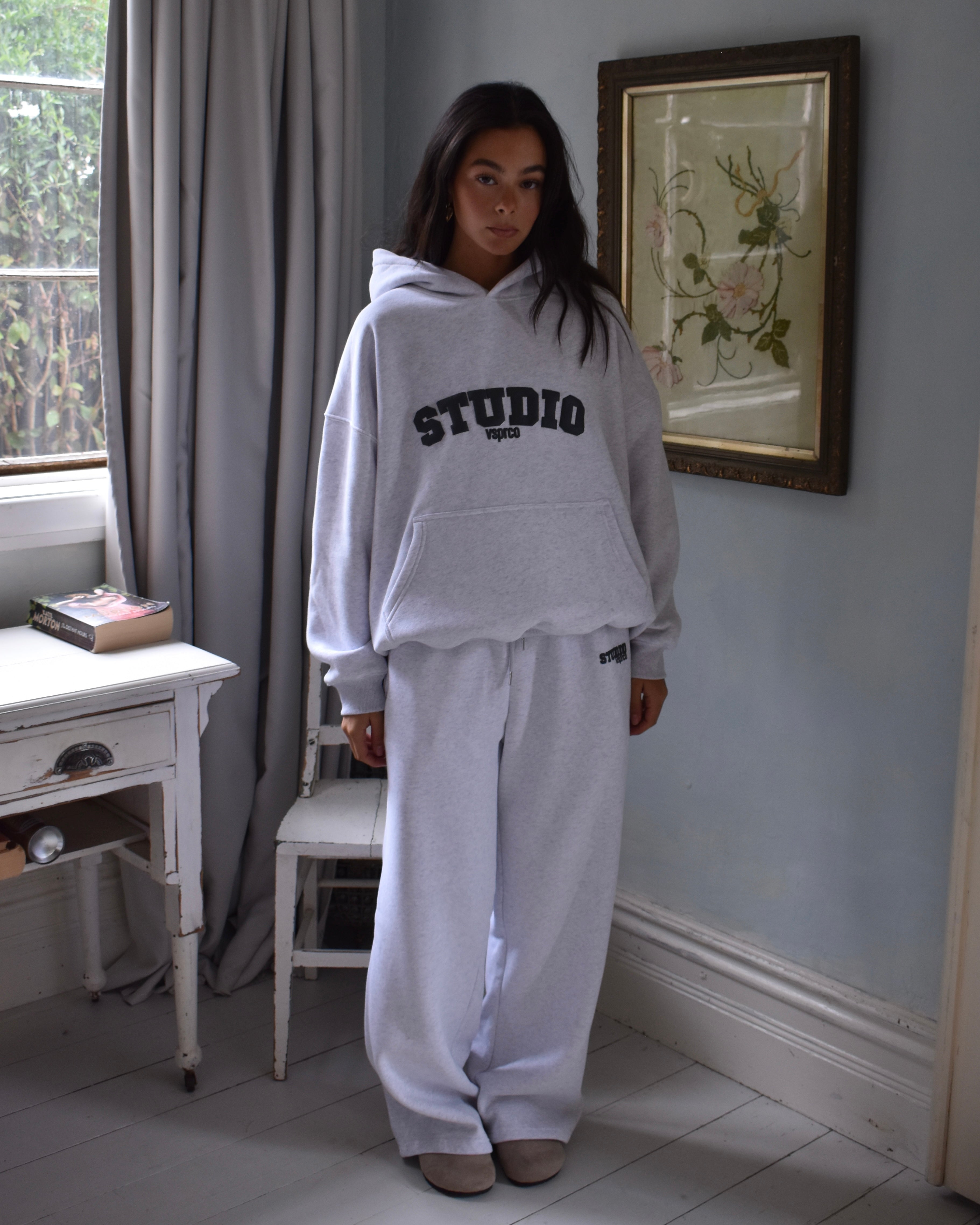 The Varsity Wide Leg Trackpants in Silver