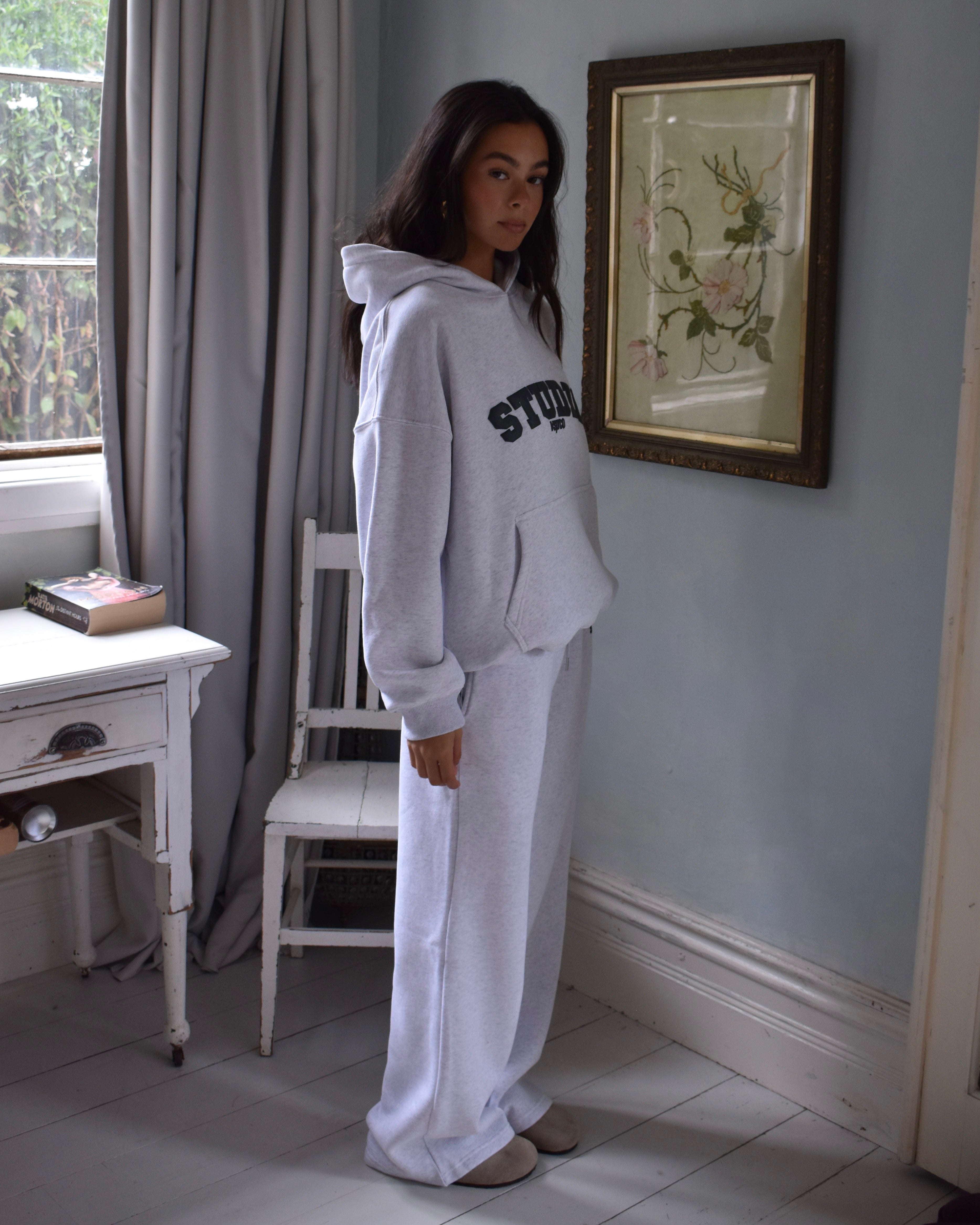 Pre-Order: The Varsity Wide Leg Trackpants in Silver
