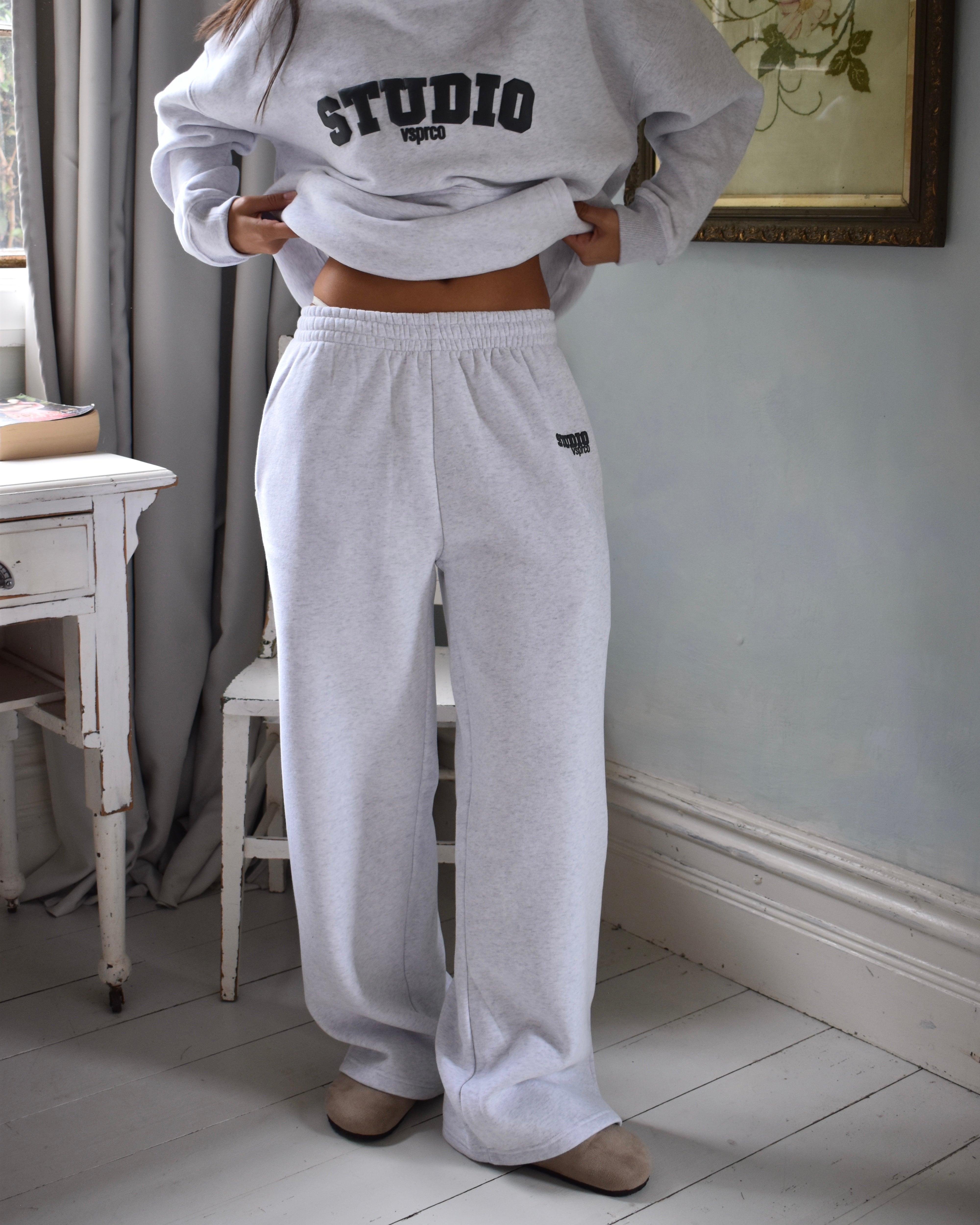 Pre-Order: The Varsity Wide Leg Trackpants in Silver