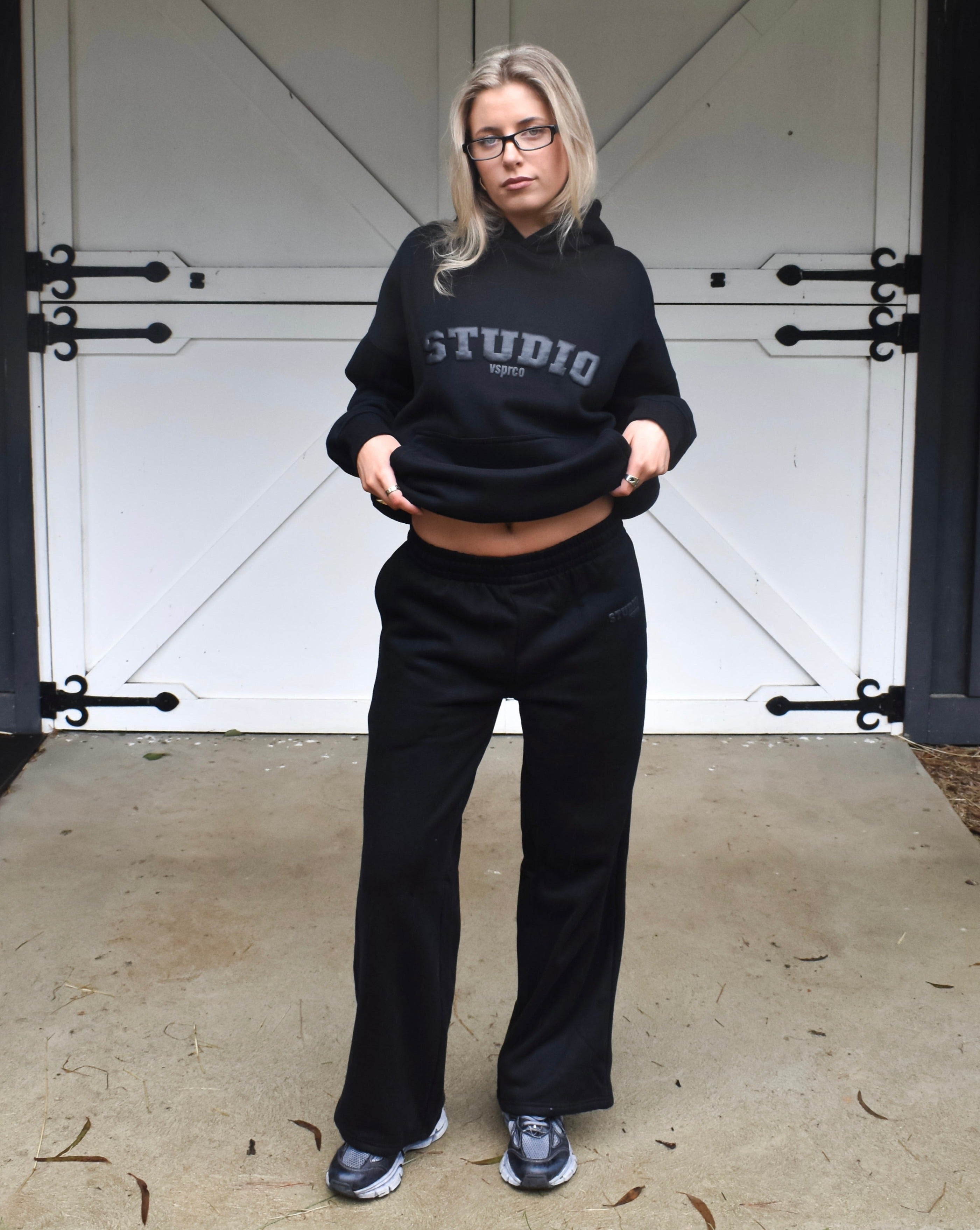 The Varsity Wide Leg Trackpants in Obsidian