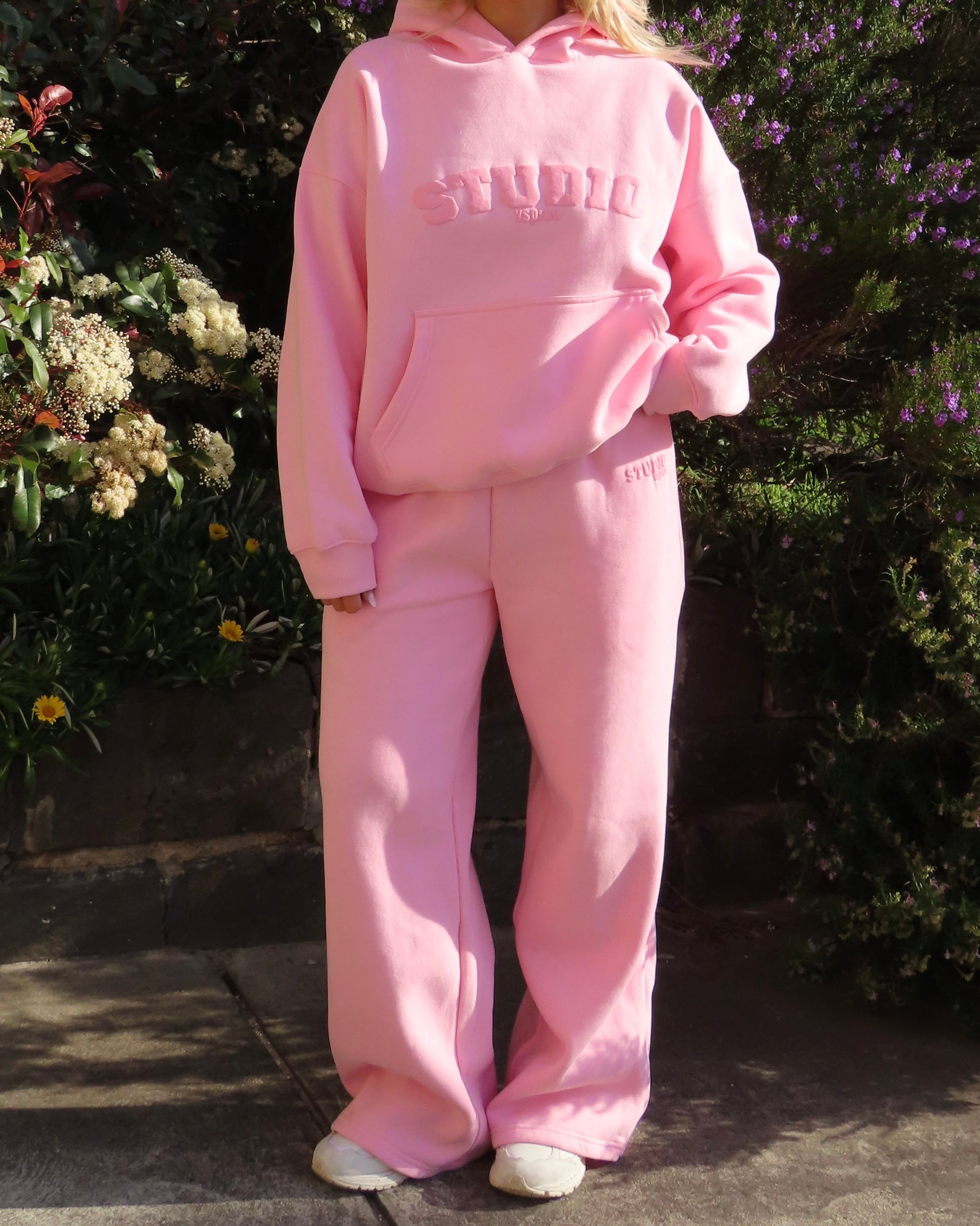 The Varsity Wide Leg Trackpants in Candy Pink