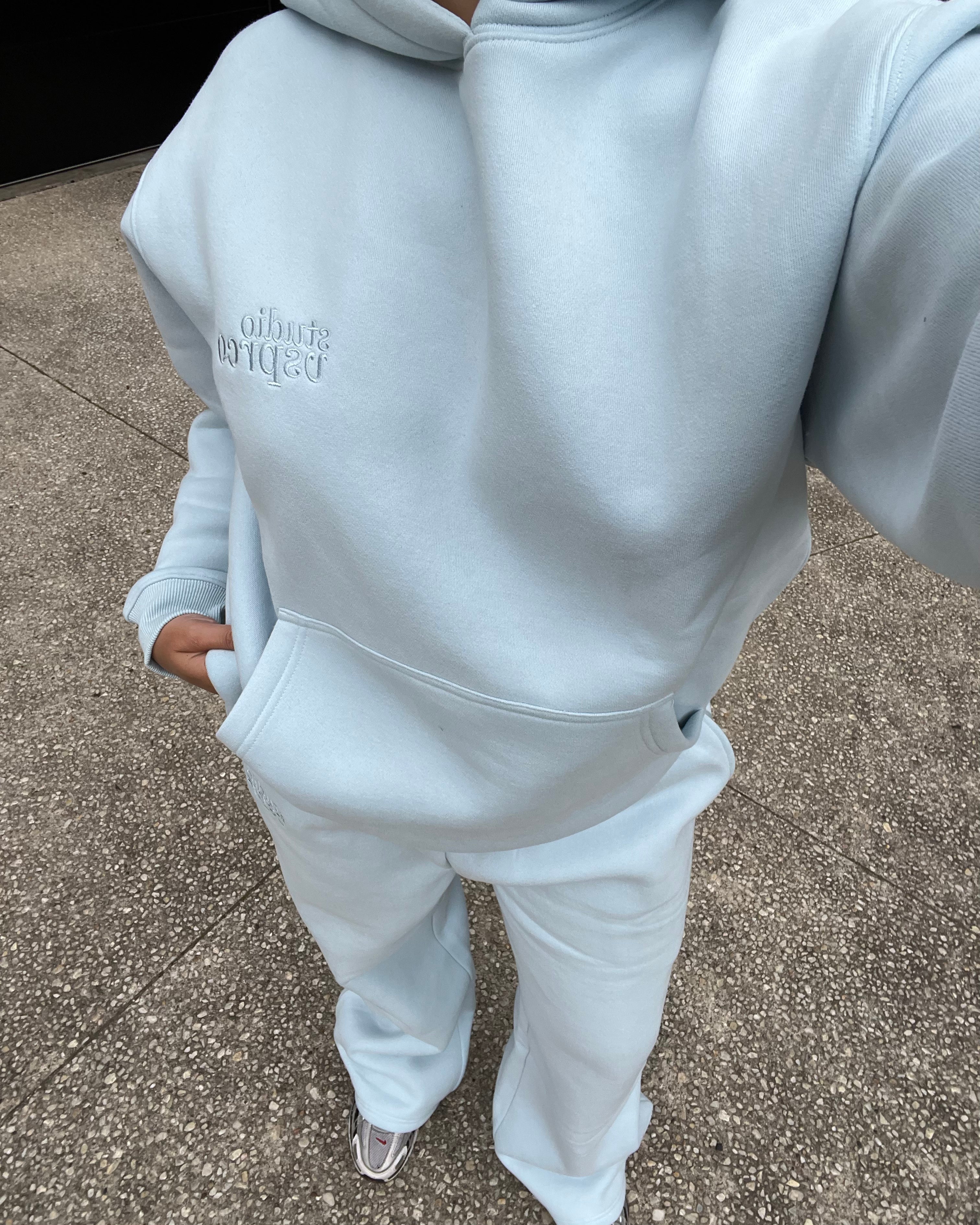 The Heavy Embroidered Hoodie in Ice Blue (Fleece)