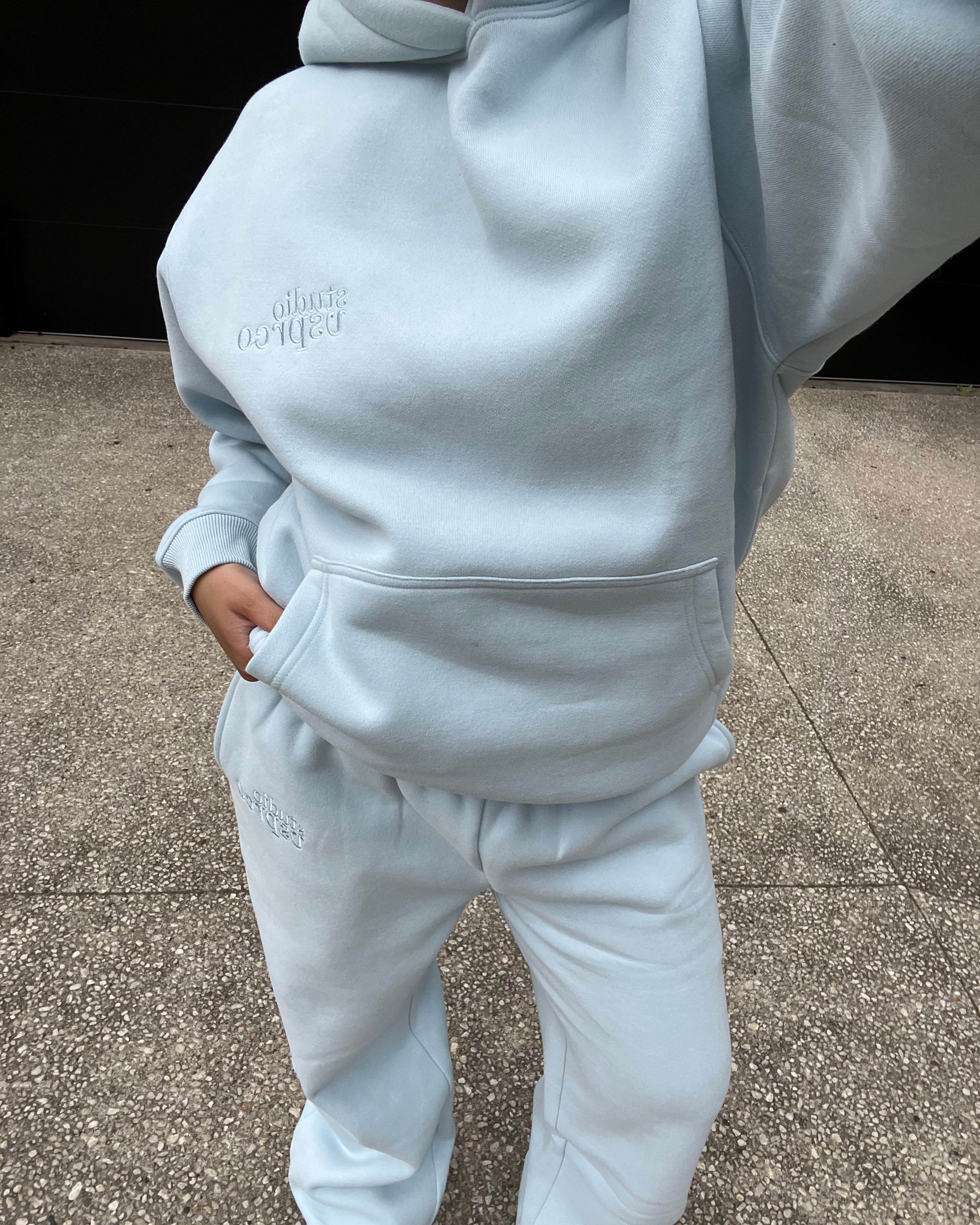 The Heavy Embroidered Hoodie in Ice Blue (Fleece)