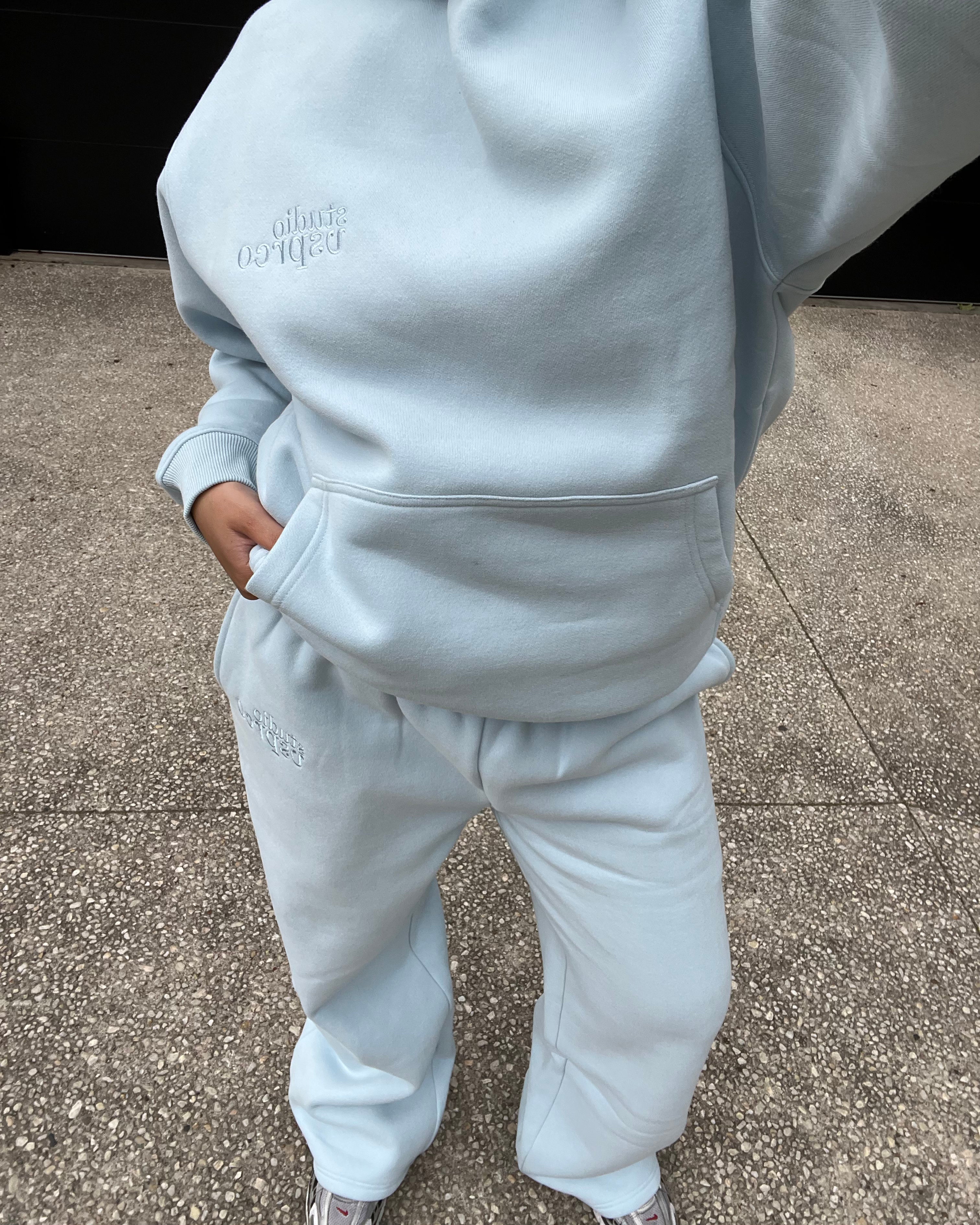 The Heavy Embroidered Slouch Trackpant in Ice Blue (Fleece)